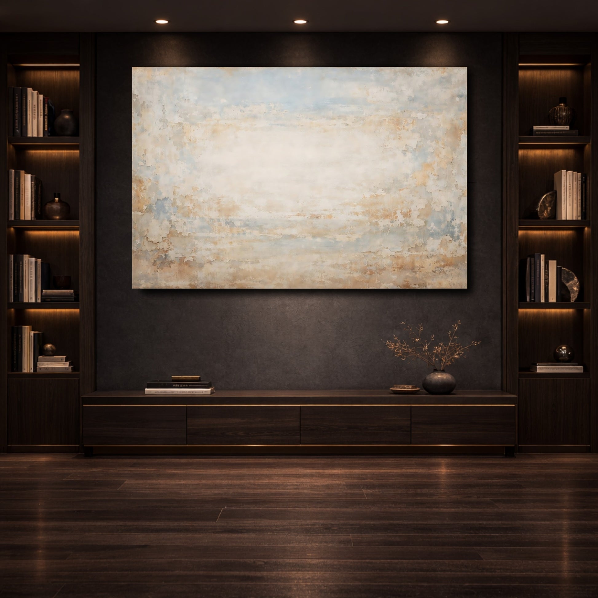 Mockup 3. Abstract Distressed Texture Blue Beige Texture shown as stretched canvas wall art