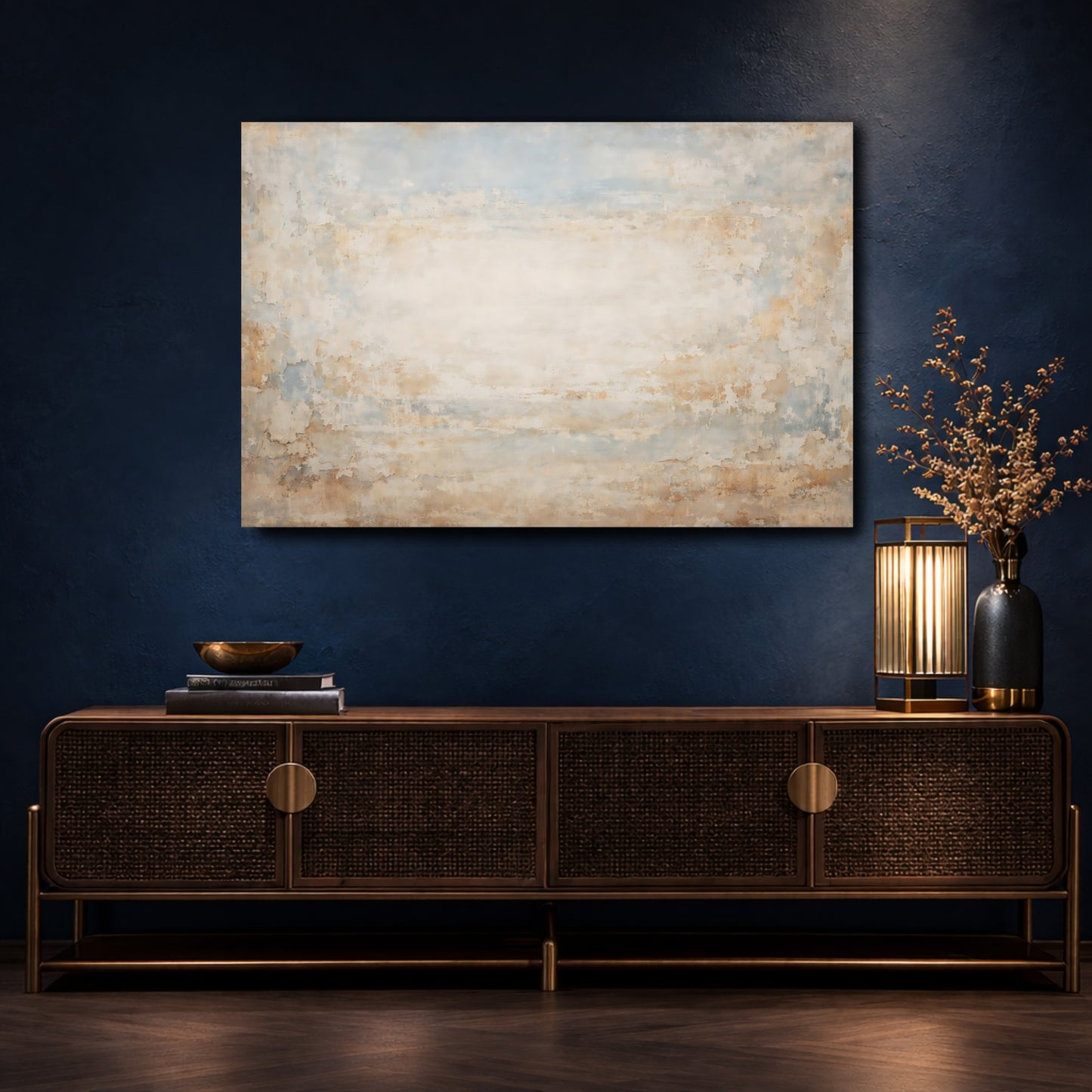 Mockup 4. Abstract Distressed Texture Blue Beige Texture shown as stretched canvas wall art