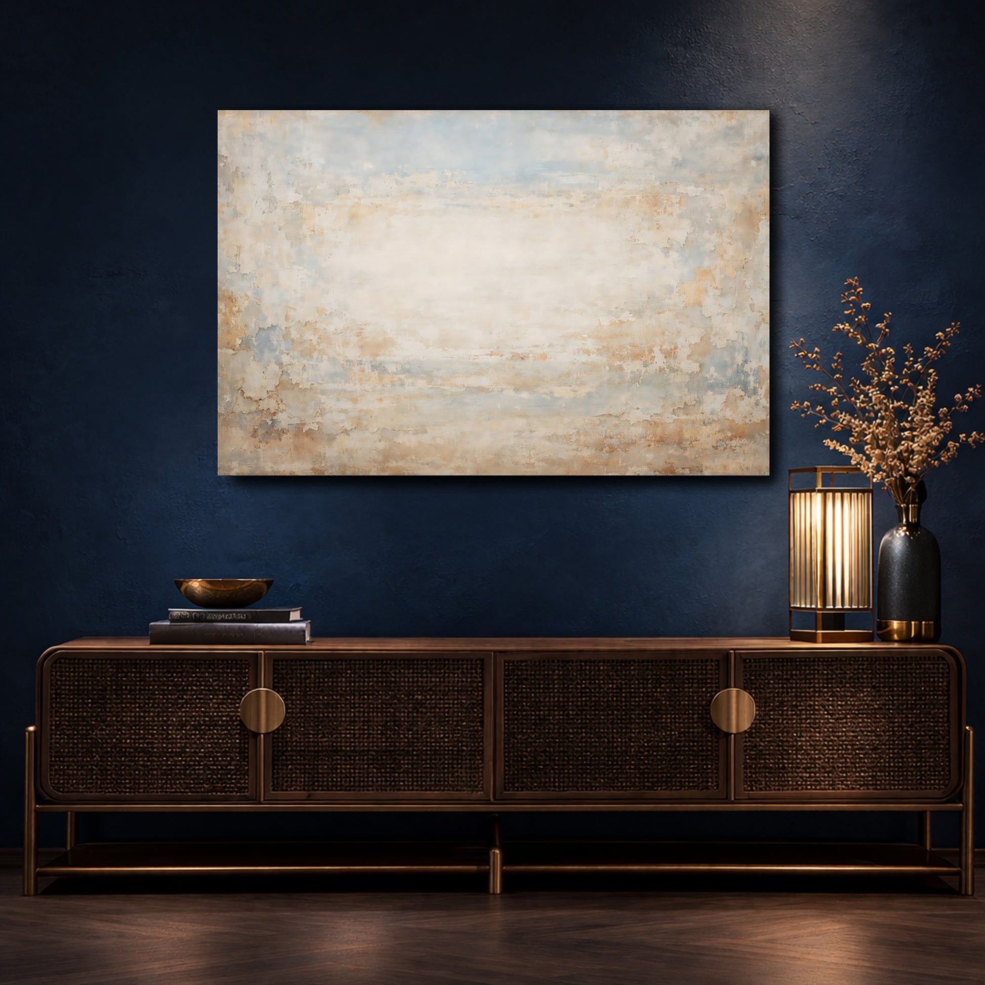 Mockup 4. Abstract Distressed Texture Blue Beige Texture shown as stretched canvas wall art