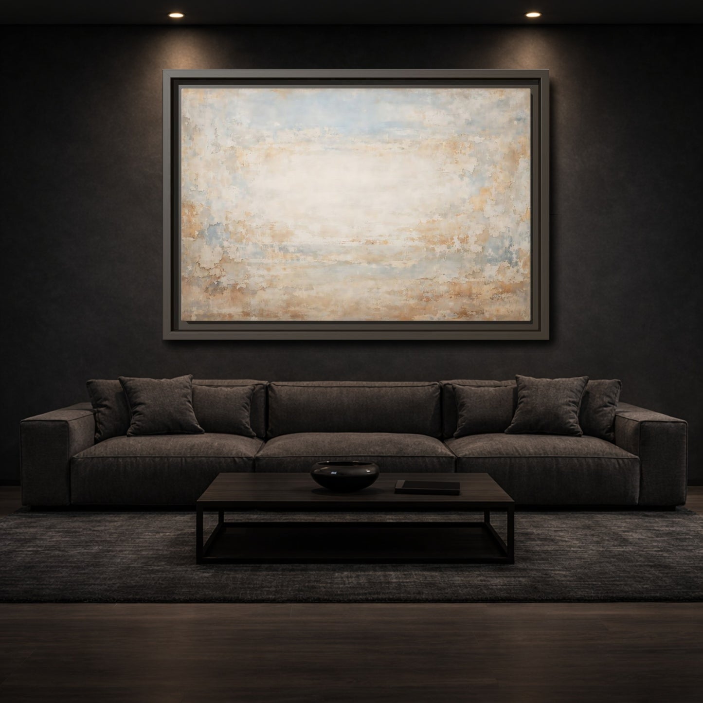 Mockup 2. Abstract Distressed Texture Distressed Beige Blue shown as stretched canvas wall art
