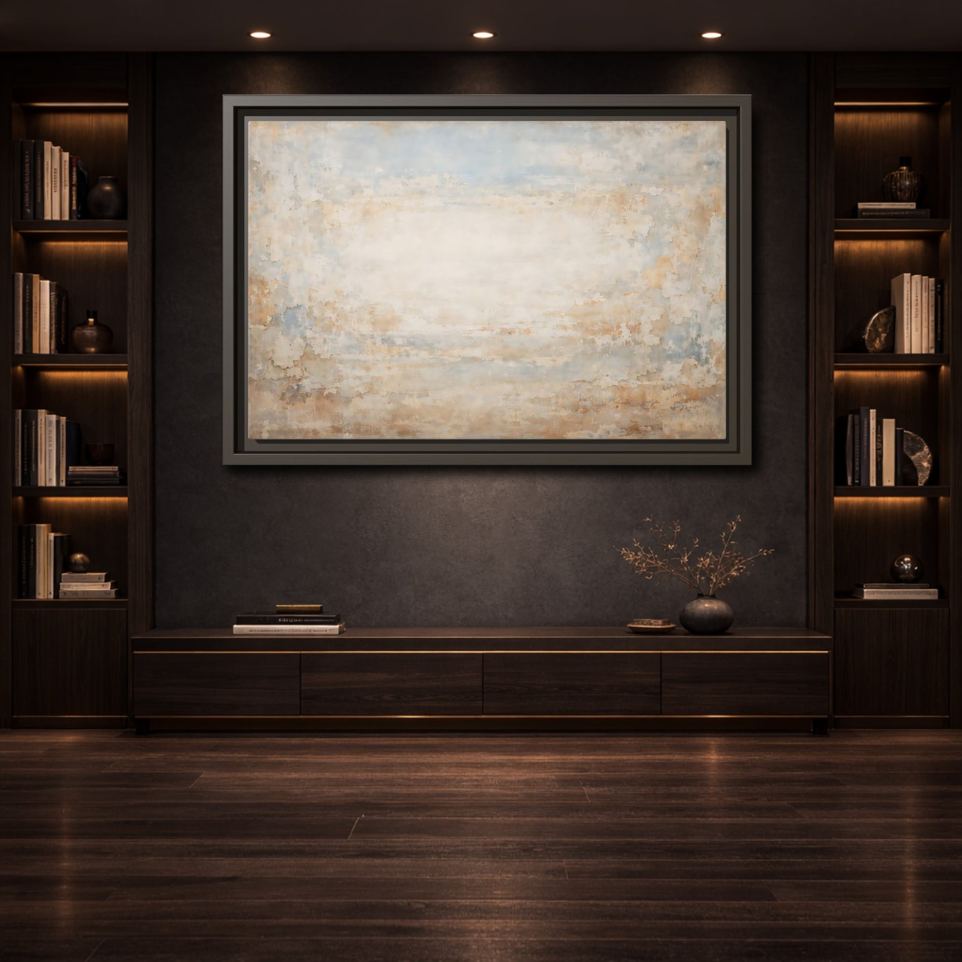 Mockup 3. Abstract Distressed Texture Distressed Beige Blue shown as stretched canvas wall art