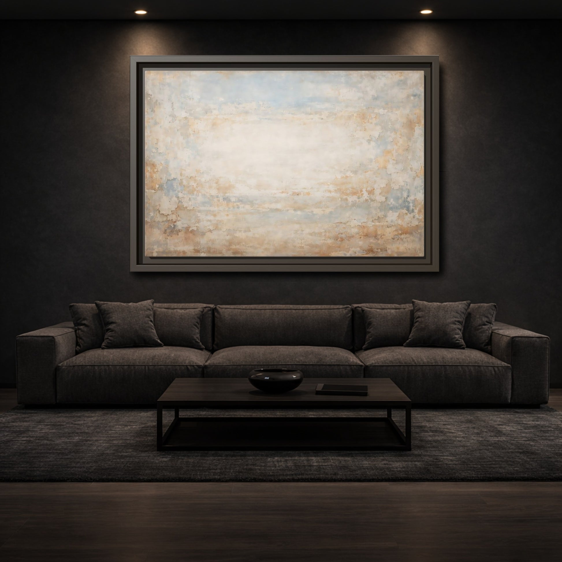 Mockup 2. Abstract Distressed Texture Distressed Blue Beige shown as stretched canvas wall art