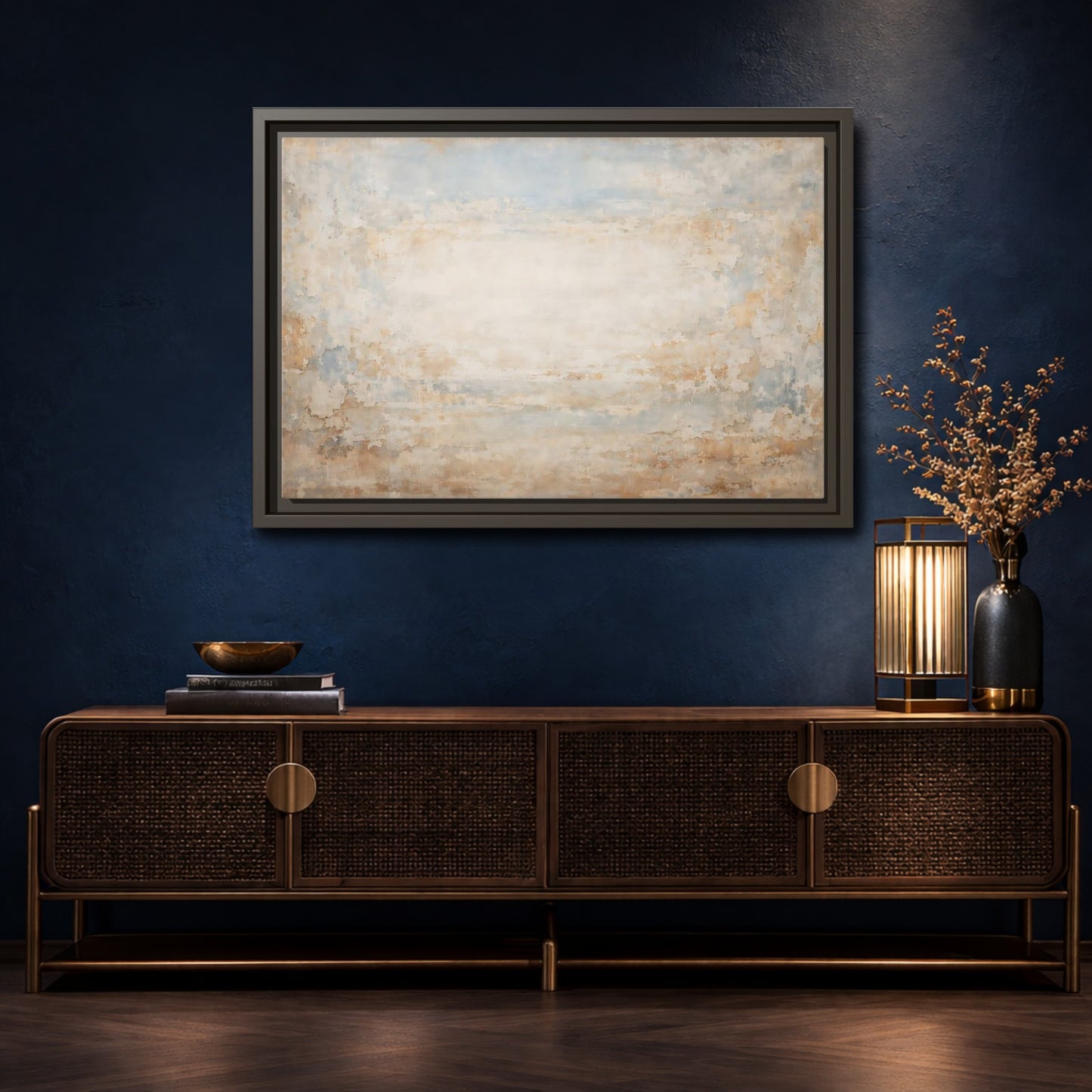 Mockup 4. Abstract Distressed Texture Distressed Blue Beige shown as stretched canvas wall art