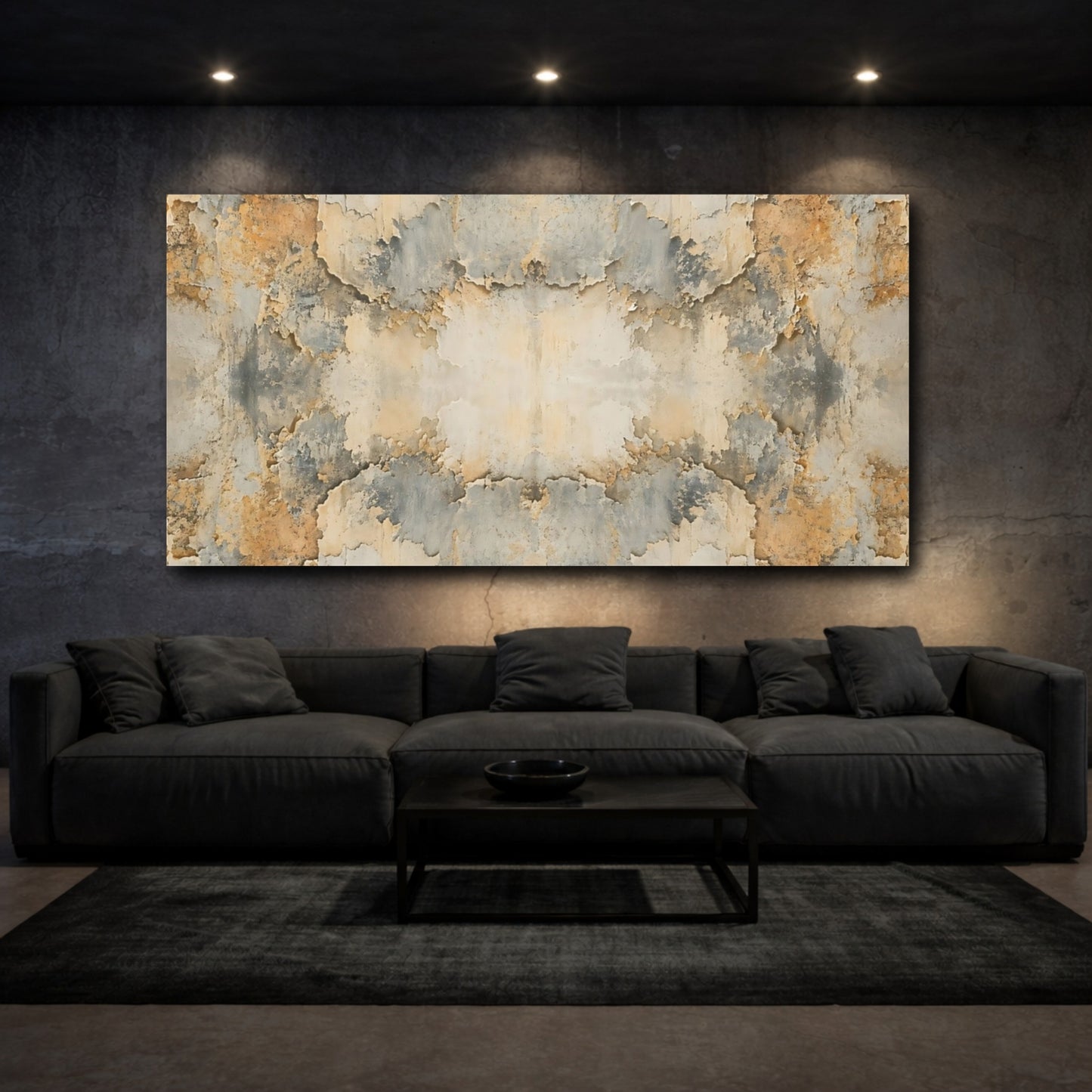 Mockup 2. Abstract Distressed Texture Orange Grey Texture shown as stretched canvas wall art