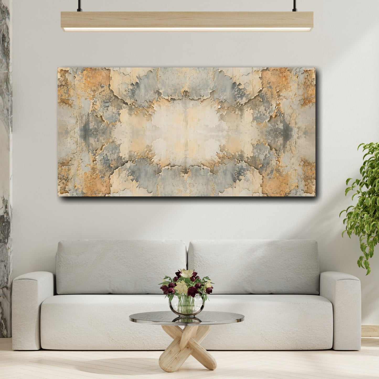 Mockup 3. Abstract Distressed Texture Orange Grey Texture shown as stretched canvas wall art