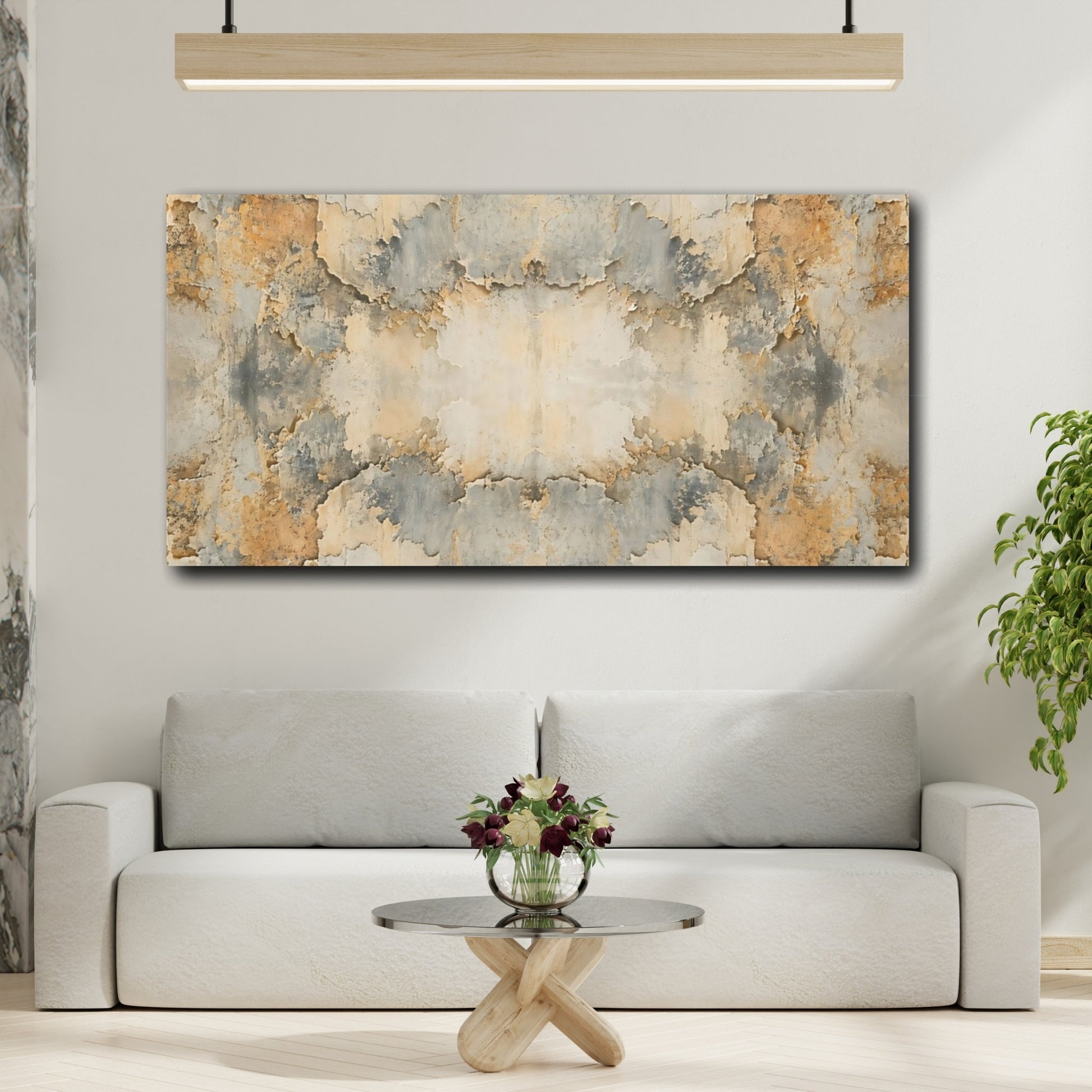 Mockup 3. Abstract Distressed Texture Orange Grey Texture shown as stretched canvas wall art