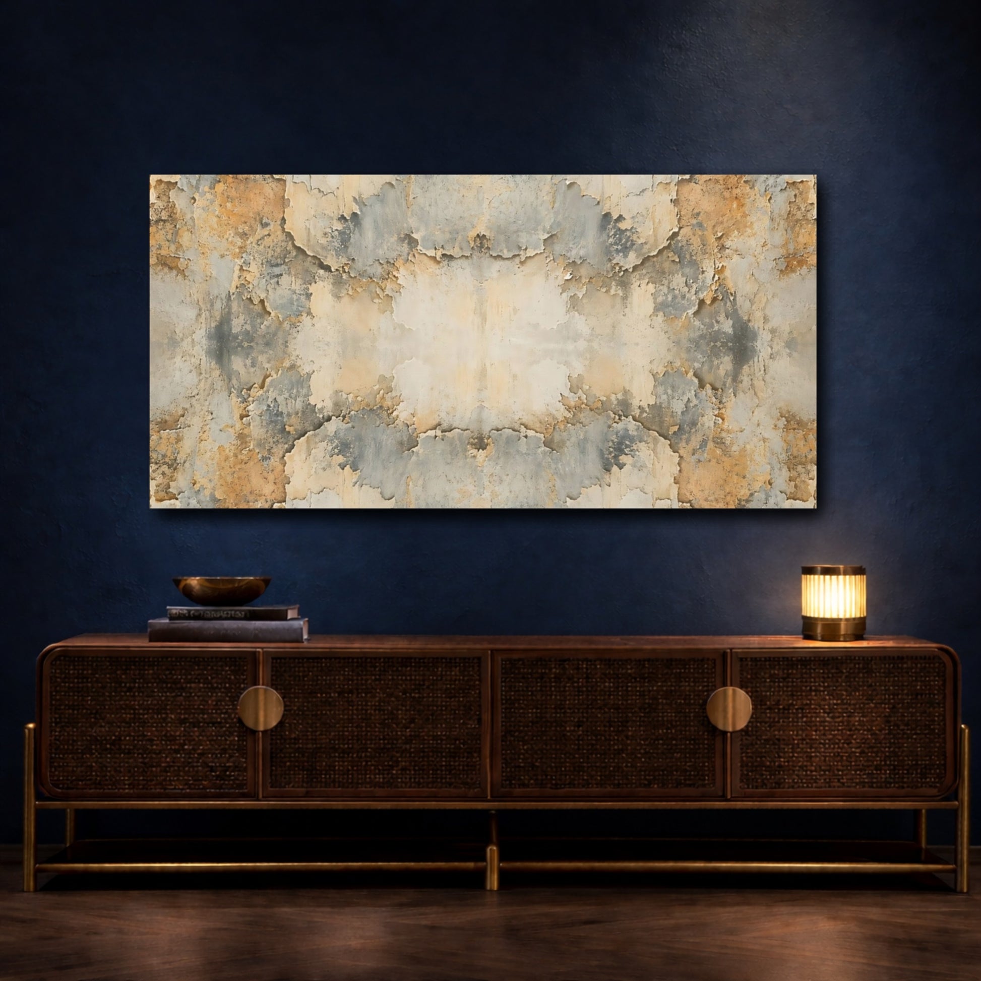 Mockup 4. Abstract Distressed Texture Orange Grey Texture shown as stretched canvas wall art