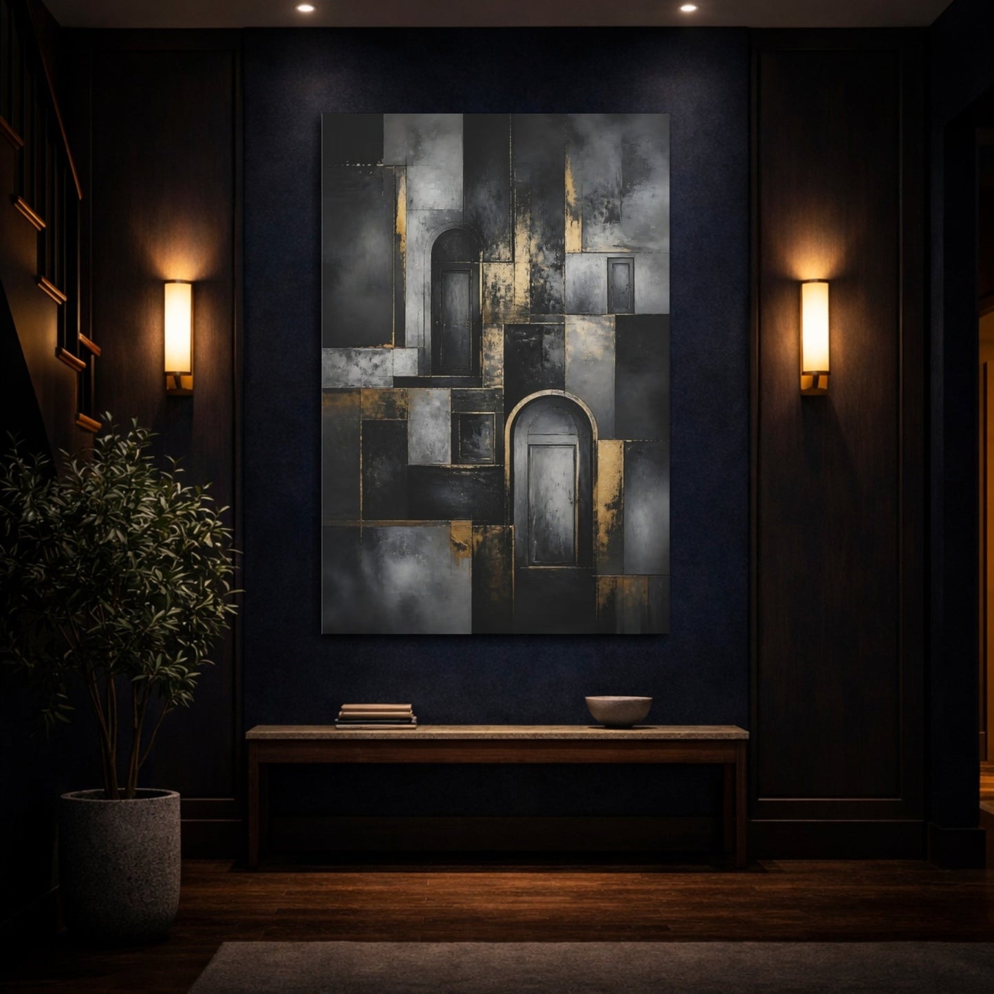 Abstract Doors Black And Gold Canvas Print – Decor for Living Room, Above Fireplace - YesArtYes