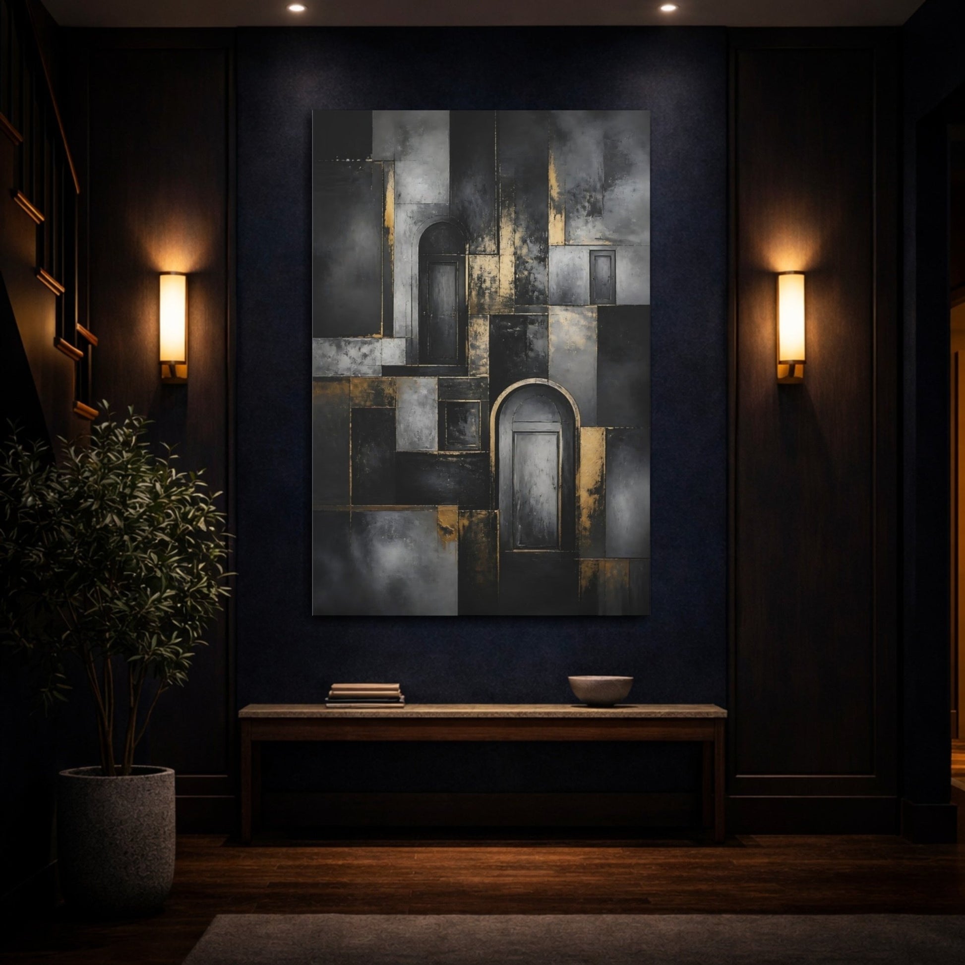 Abstract Doors Black And Gold Canvas Print – Decor for Living Room, Above Fireplace - YesArtYes
