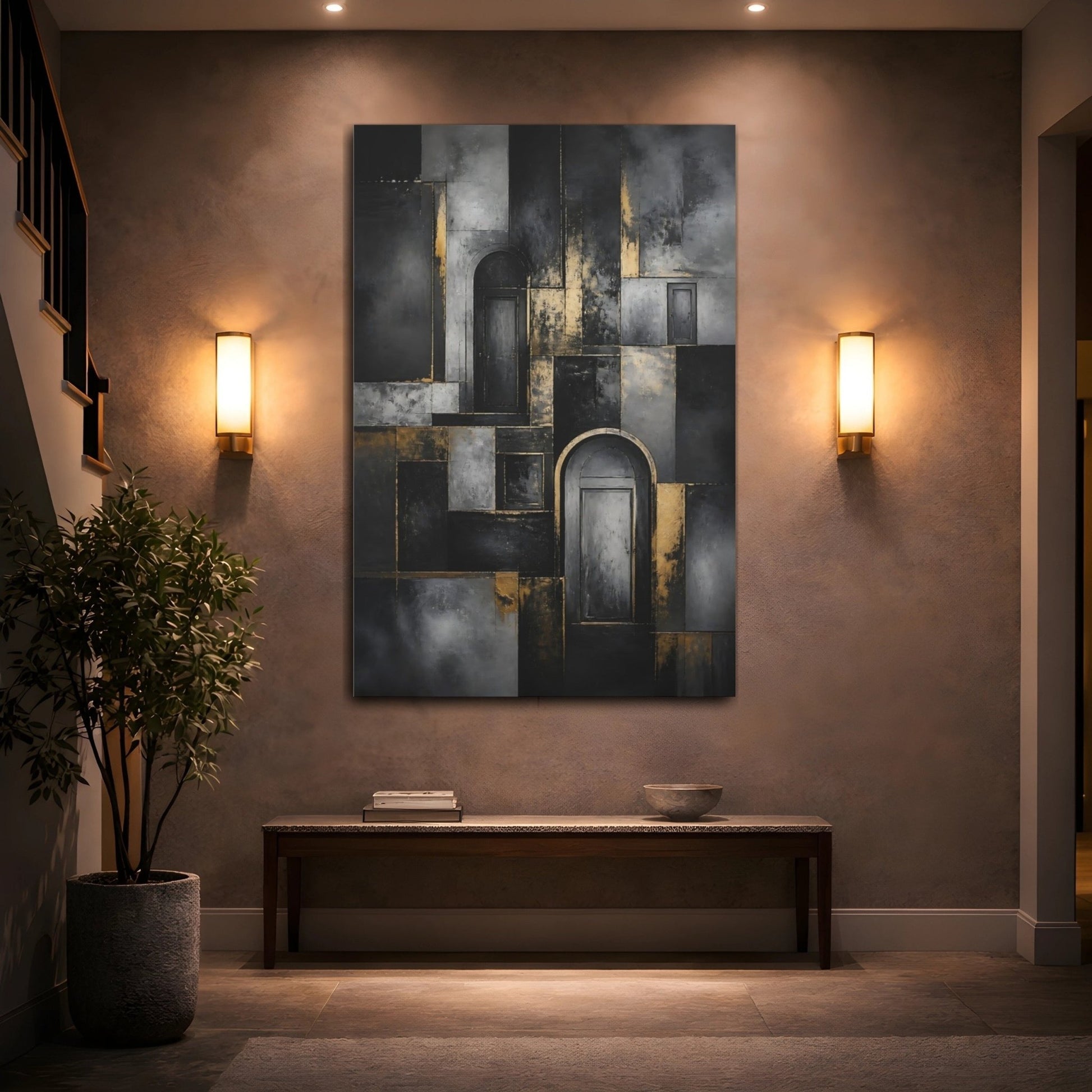 Abstract Doors Black And Gold Canvas Print – Decor for Living Room, Above Fireplace - YesArtYes