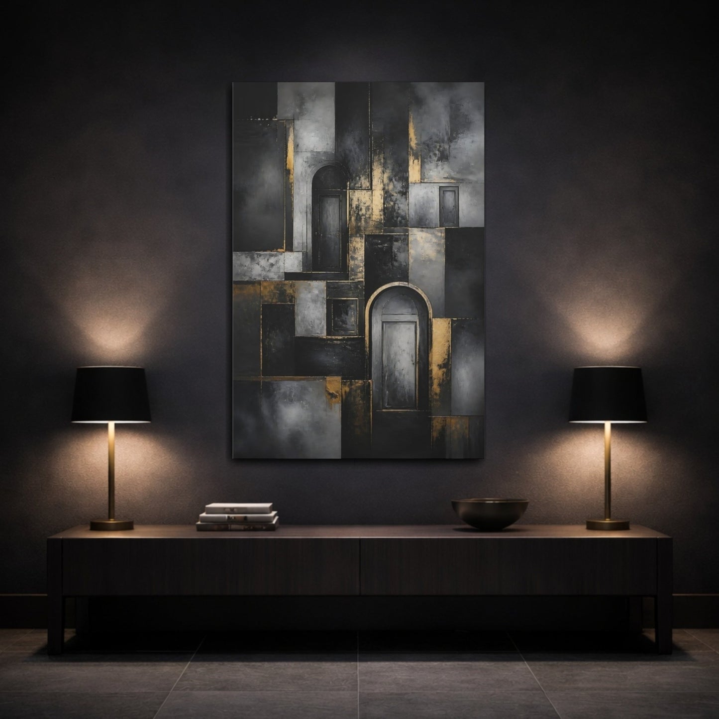 Abstract Doors Black And Gold Canvas Print – Decor for Living Room, Above Fireplace - YesArtYes
