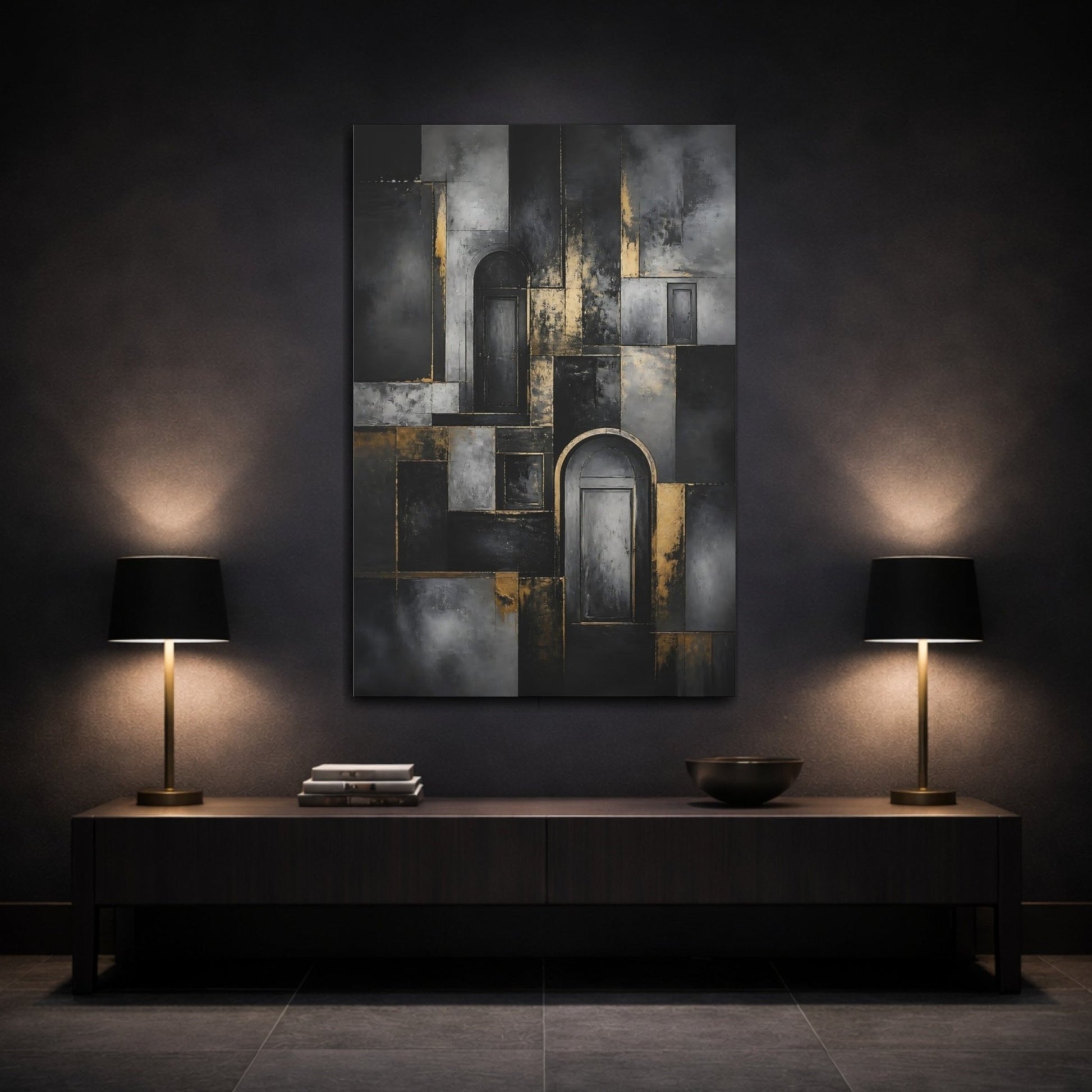 Abstract Doors Black And Gold Canvas Print – Decor for Living Room, Above Fireplace - YesArtYes