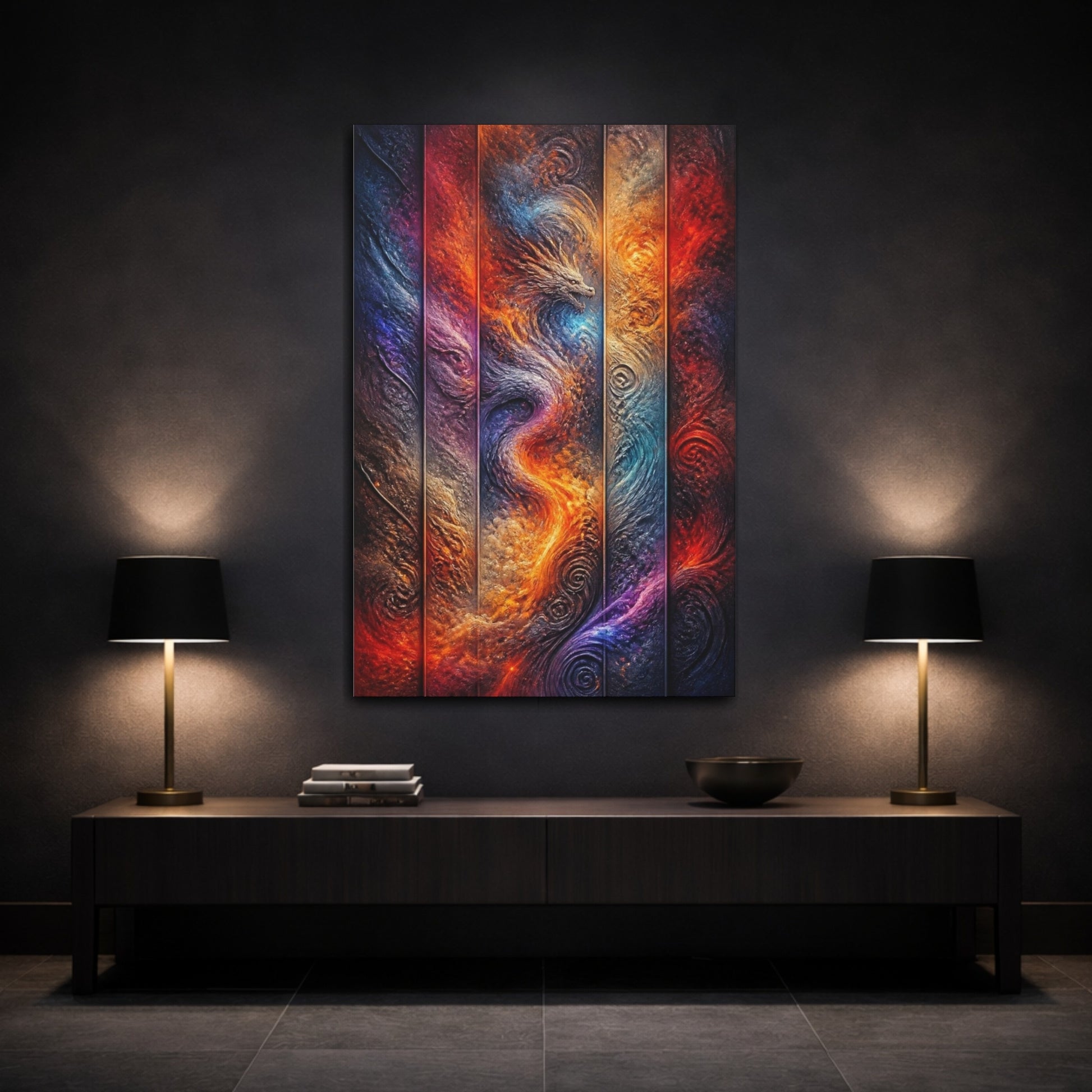 Mockup 3. Abstract Dragon Nebula shown as canvas print