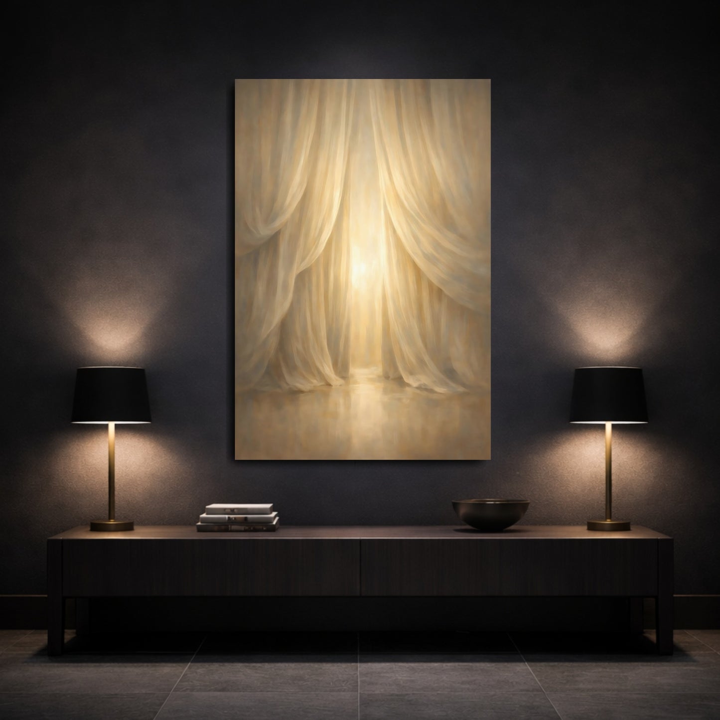Mockup 2. Abstract Draped Curtains Golden Curtains shown as stretched canvas wall art