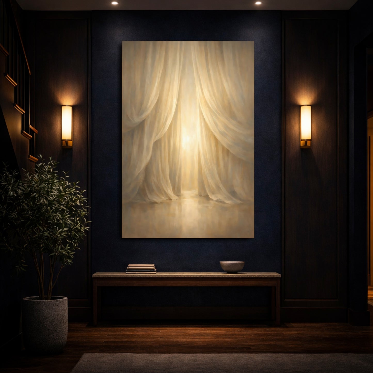 Mockup 3. Abstract Draped Curtains Golden Curtains shown as stretched canvas wall art