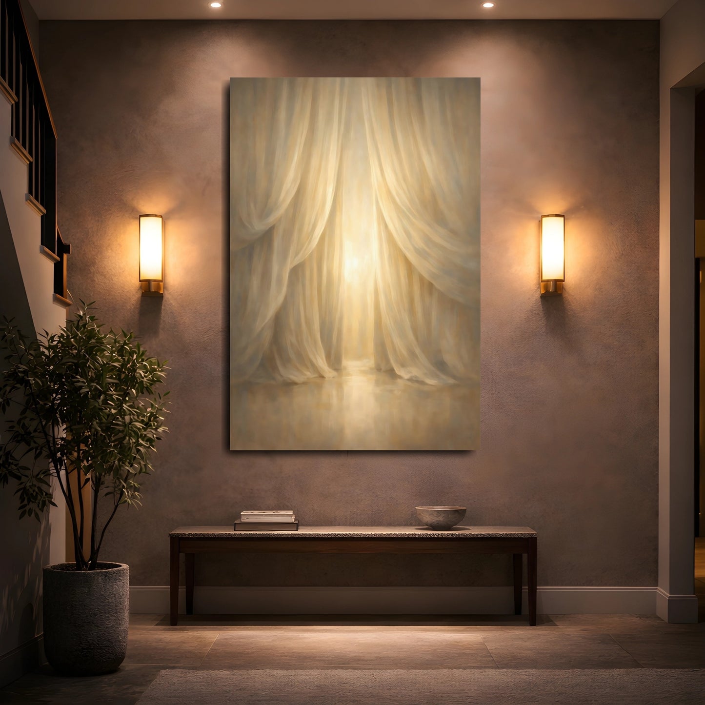Mockup 4. Abstract Draped Curtains Golden Curtains shown as stretched canvas wall art