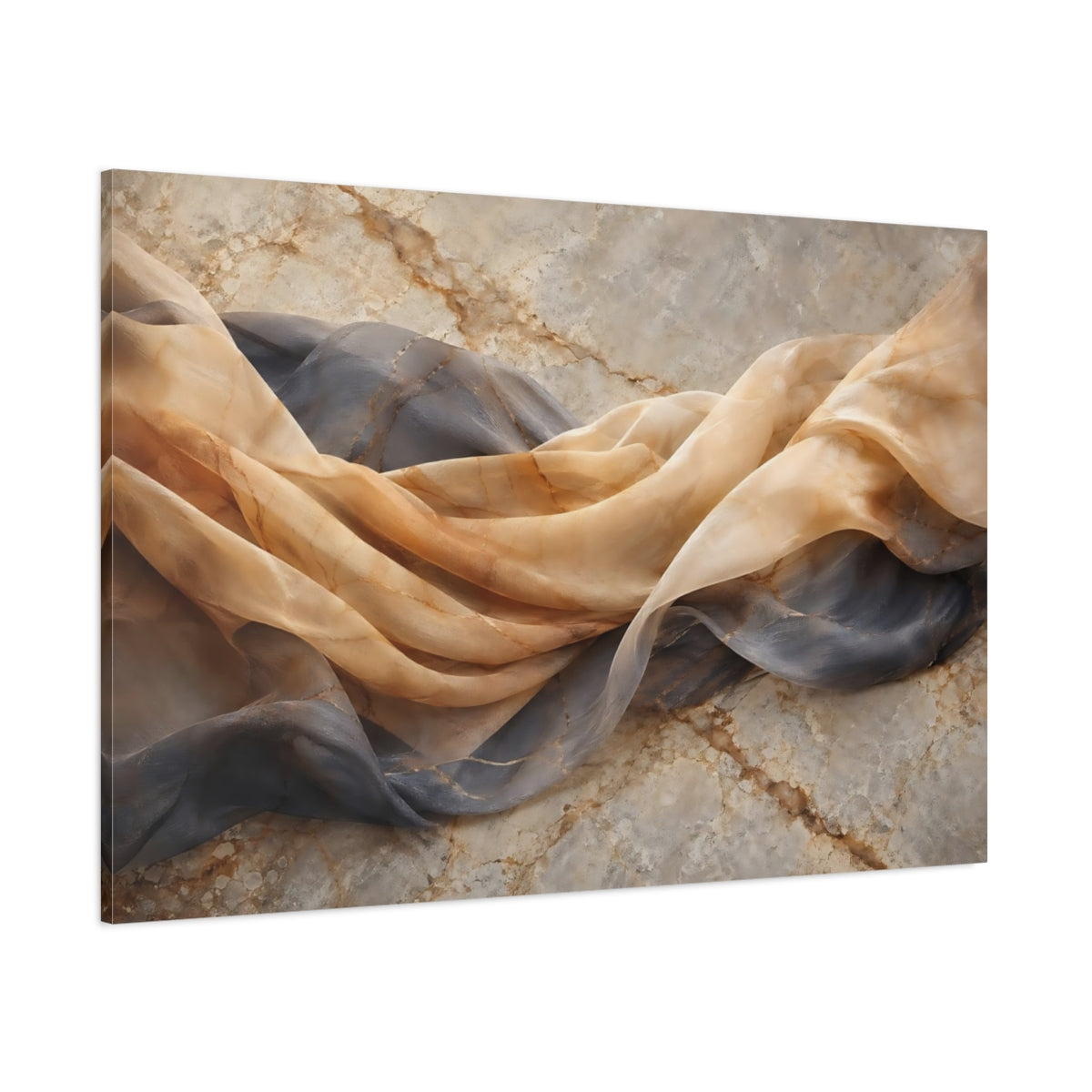 Side Mockup 1. Abstract Draped Fabric Brown And Grey shown as stretched canvas wall art