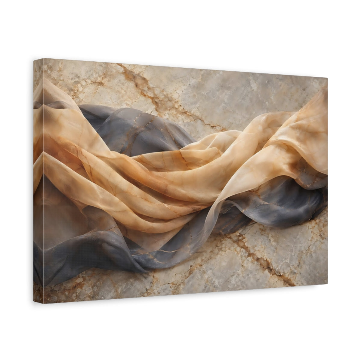 Side Mockup 4. Abstract Draped Fabric Brown And Grey shown as stretched canvas wall art