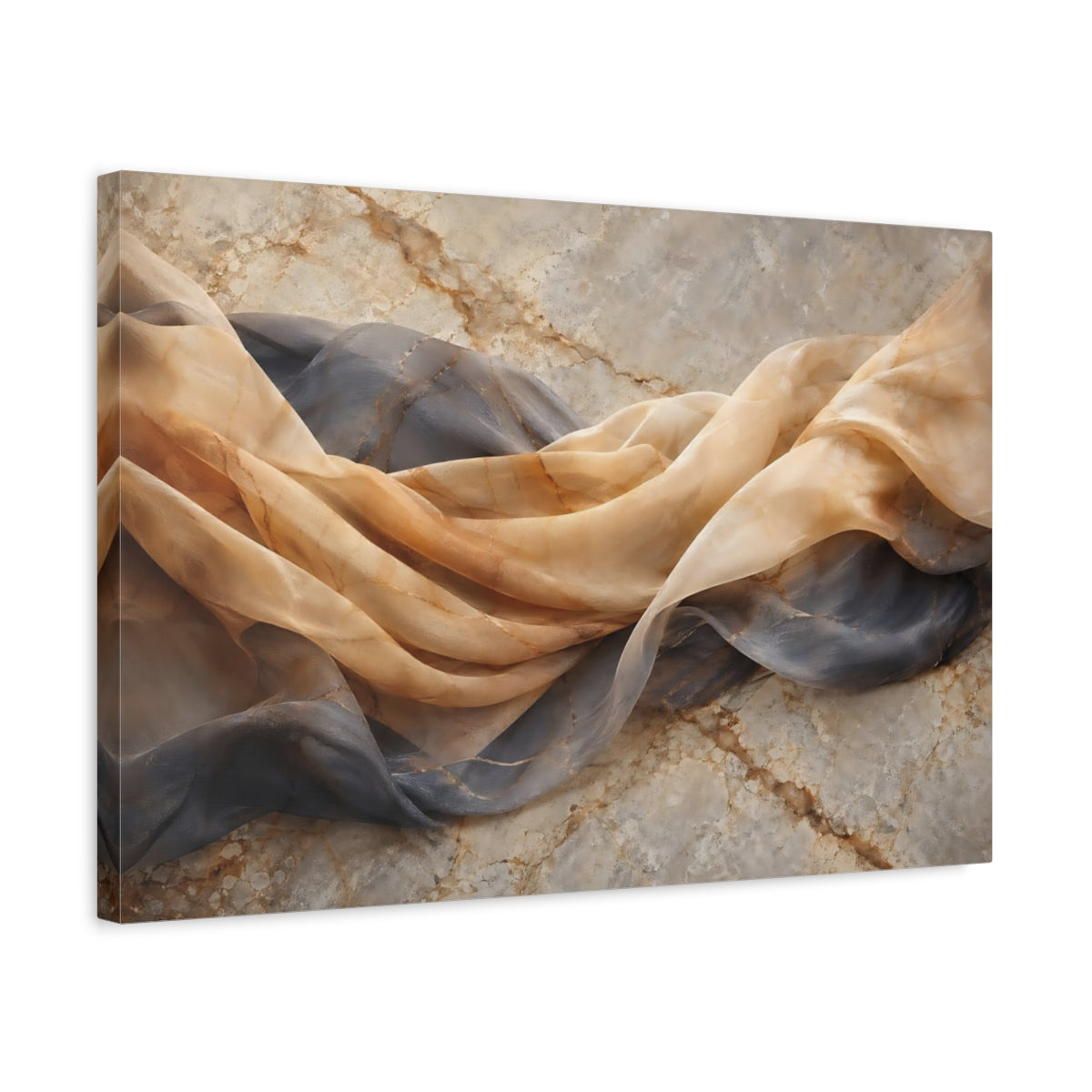 Side Mockup 3. Abstract Draped Fabric Brown And Grey shown as stretched canvas wall art
