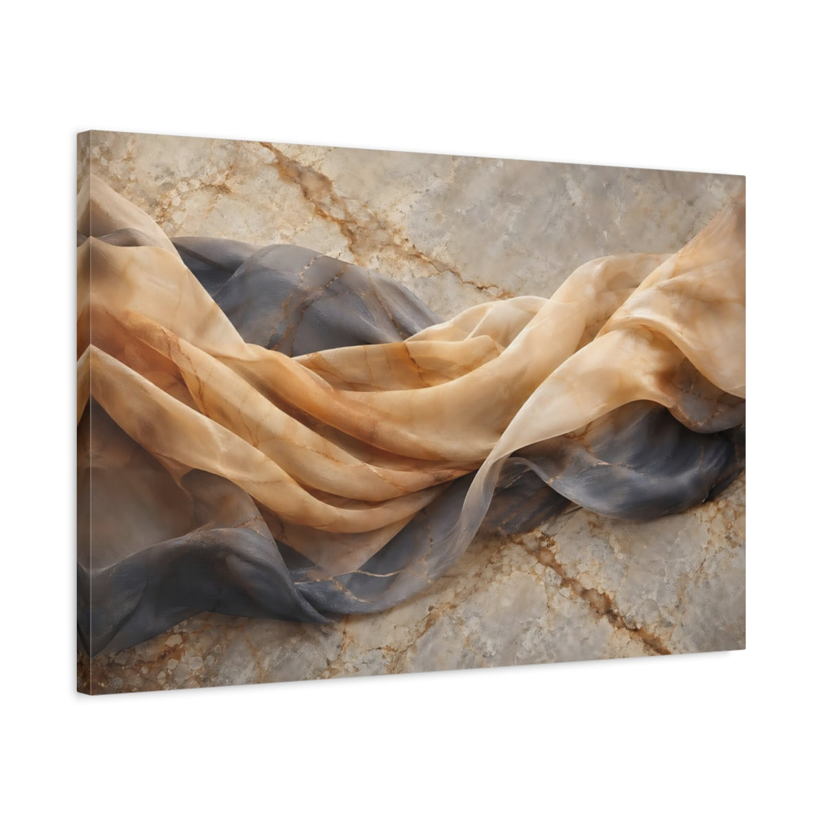 Side Mockup 2. Abstract Draped Fabric Brown And Grey shown as stretched canvas wall art