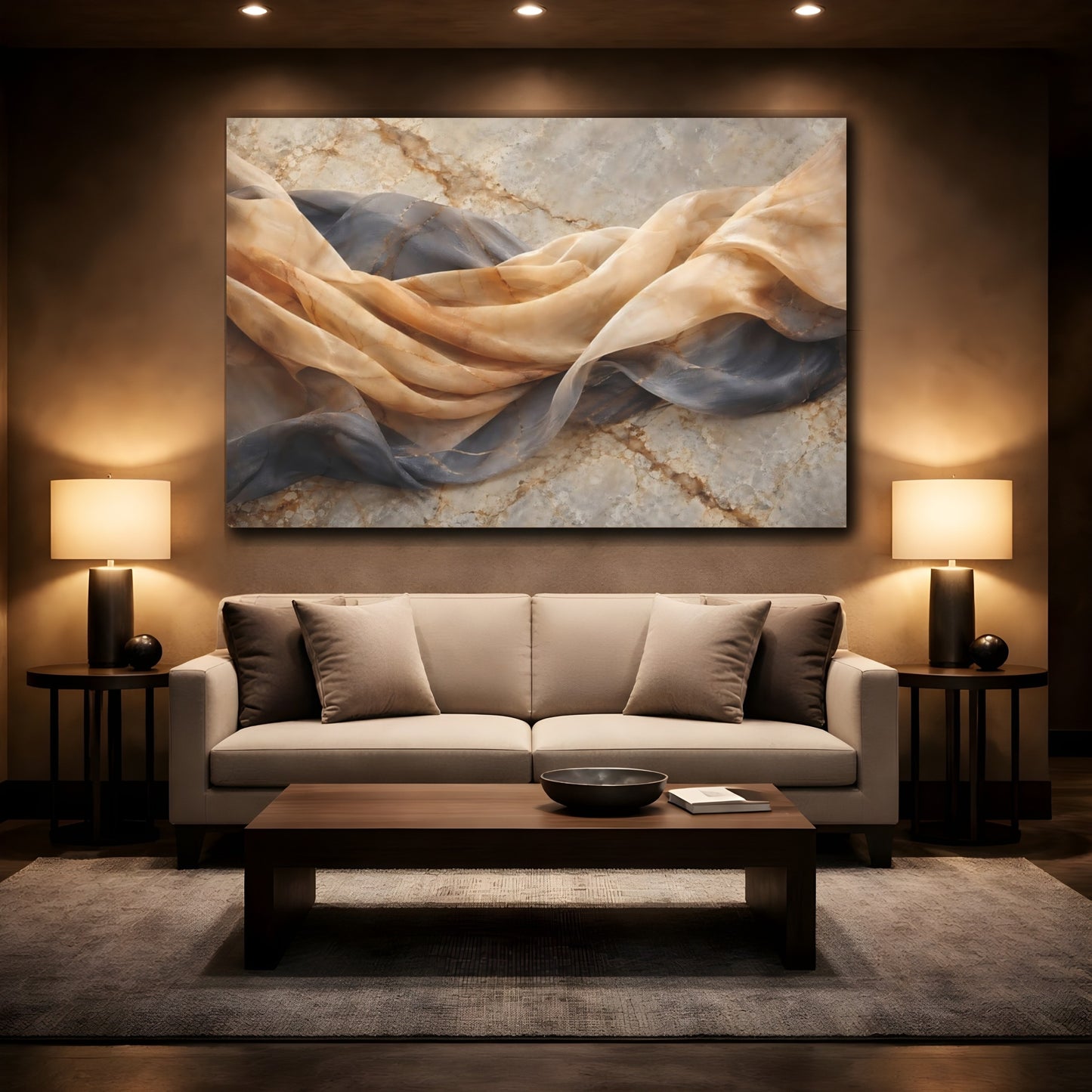 Mockup 2. Abstract Draped Fabric Brown And Grey shown as stretched canvas wall art