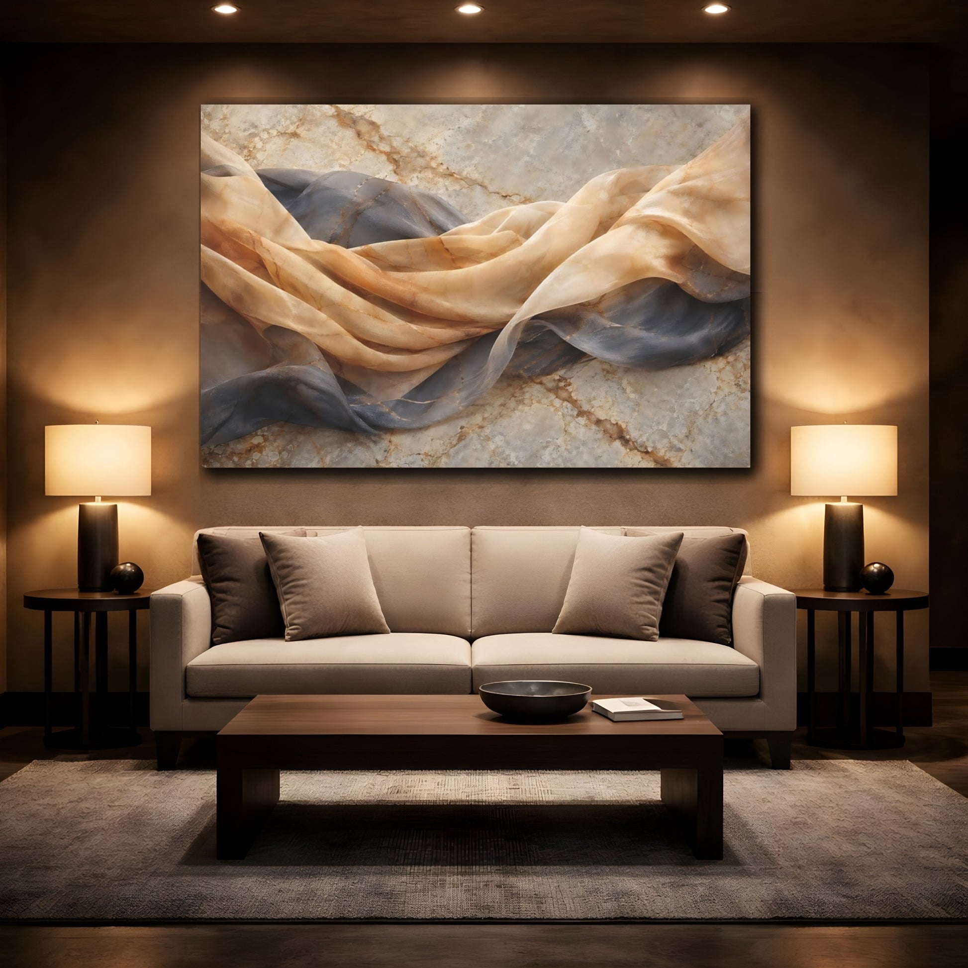Mockup 2. Abstract Draped Fabric Brown And Grey shown as stretched canvas wall art