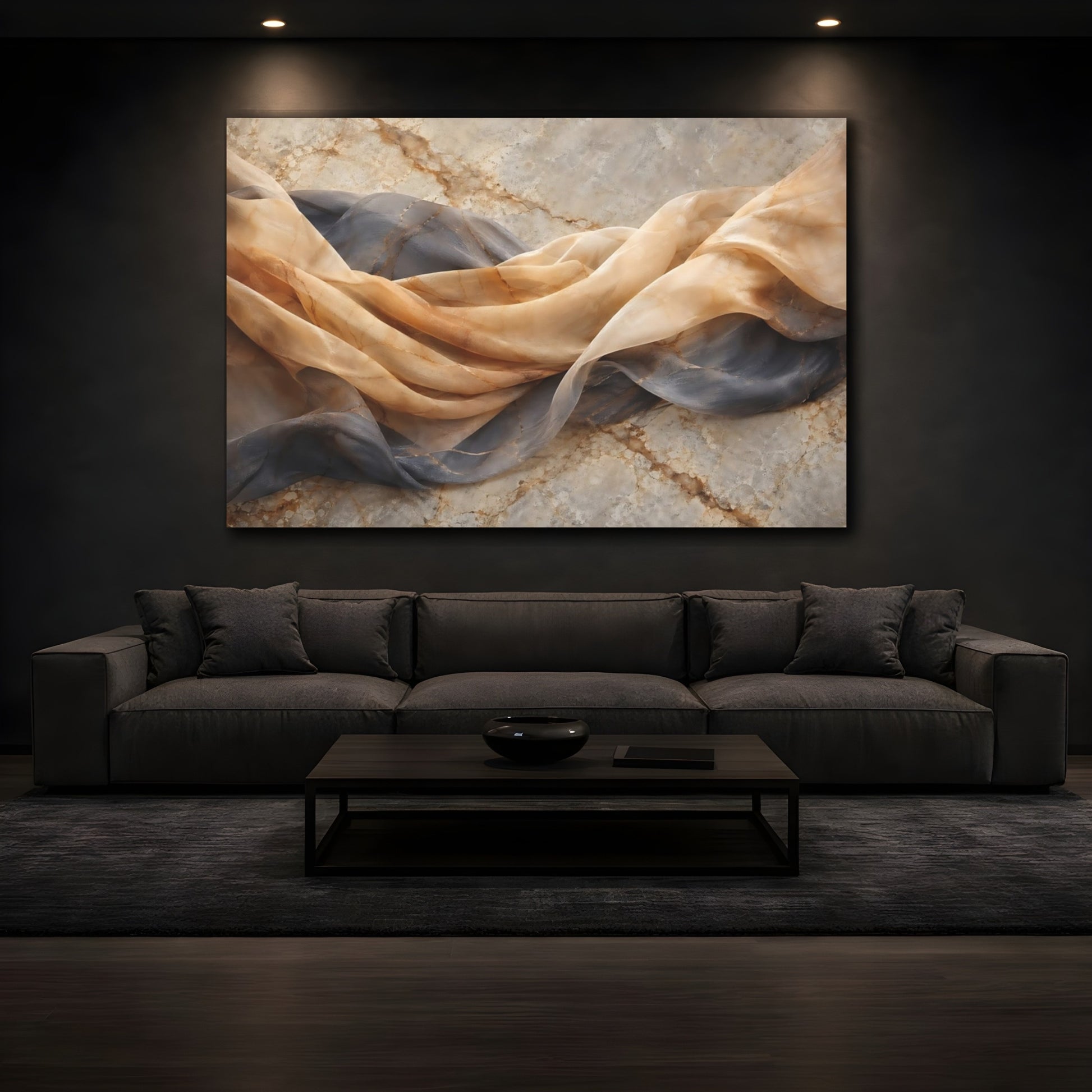 Mockup 3. Abstract Draped Fabric Brown And Grey shown as stretched canvas wall art