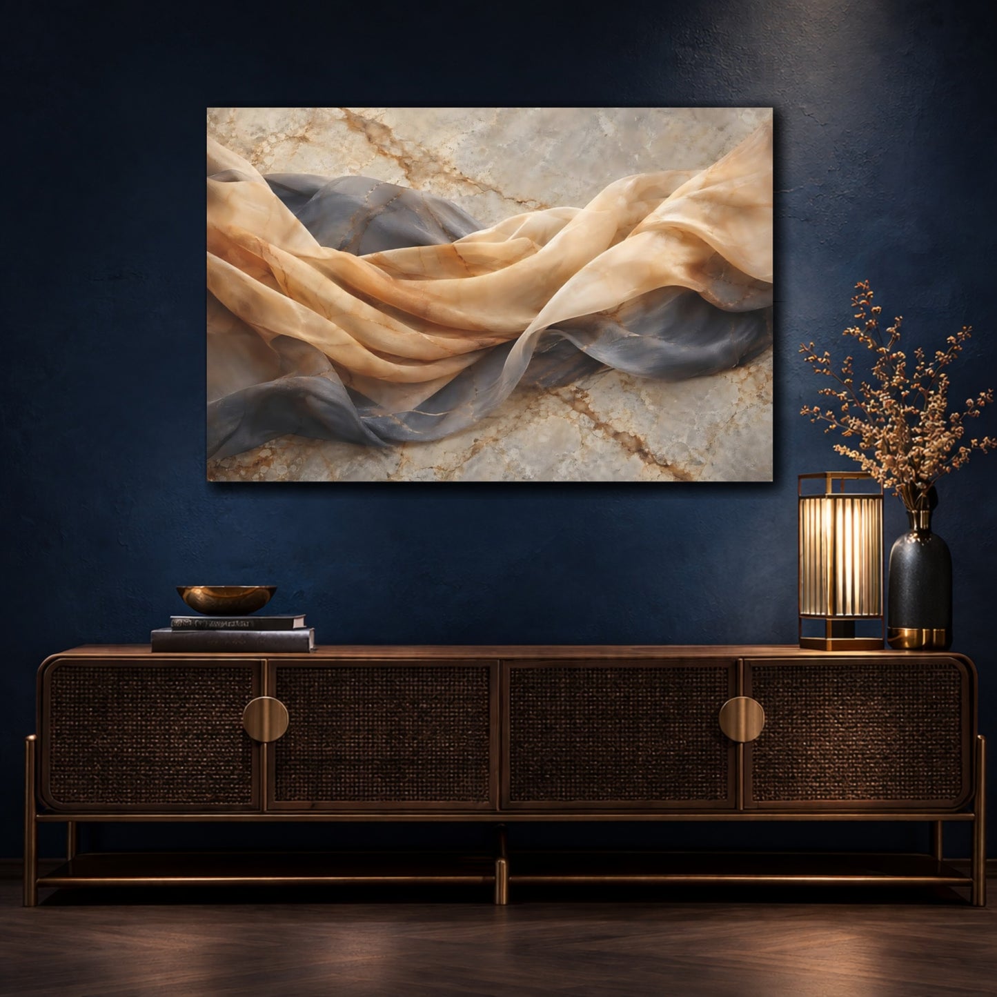 Mockup 4. Abstract Draped Fabric Brown And Grey shown as stretched canvas wall art