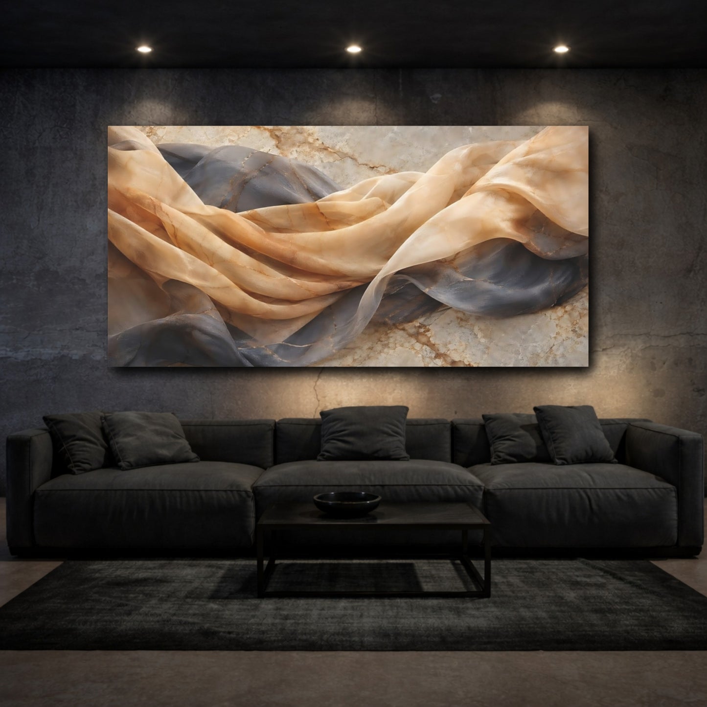 Mockup 2. Abstract Draped Fabric Brown Gray Gold shown as stretched canvas wall art
