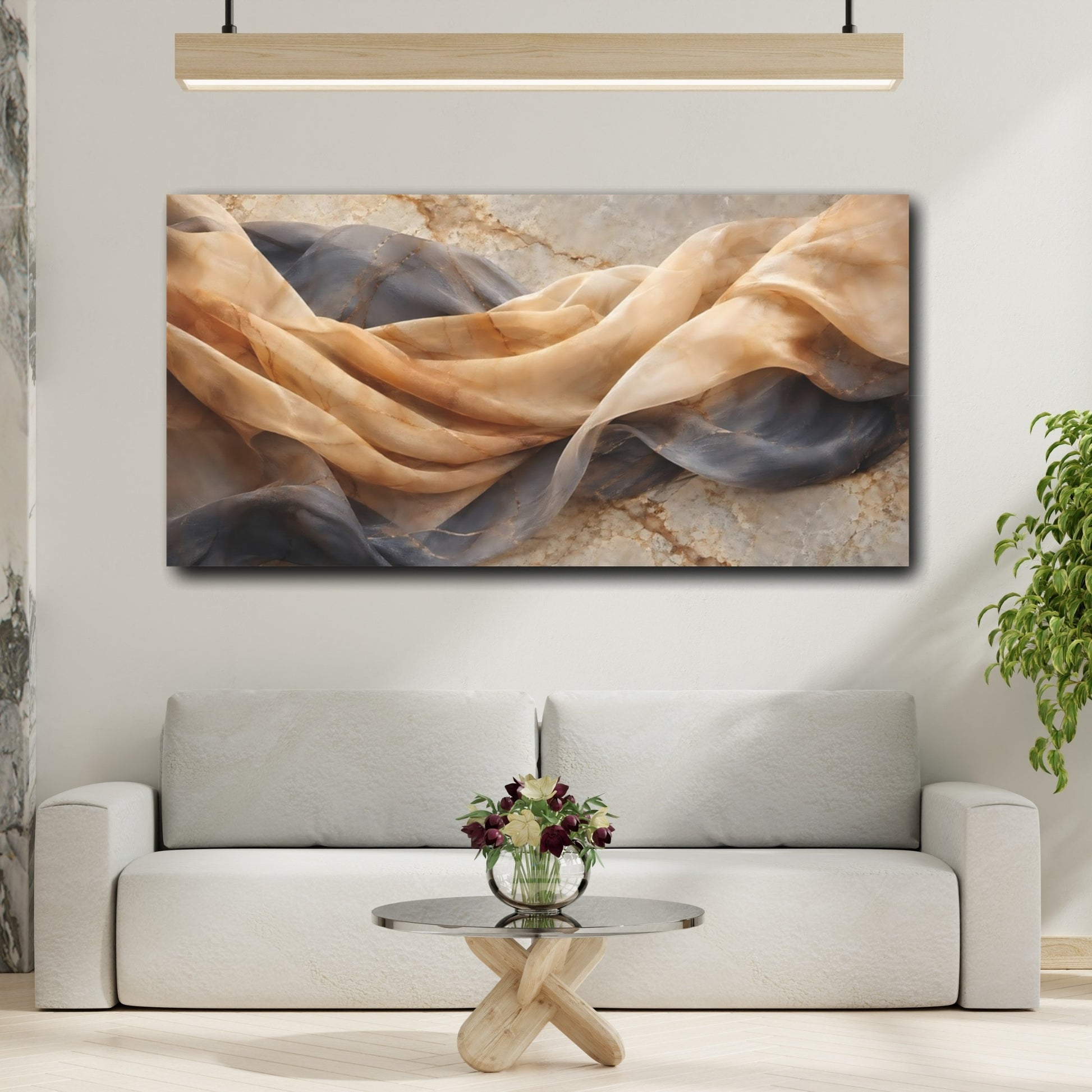 Mockup 3. Abstract Draped Fabric Brown Gray Gold shown as stretched canvas wall art
