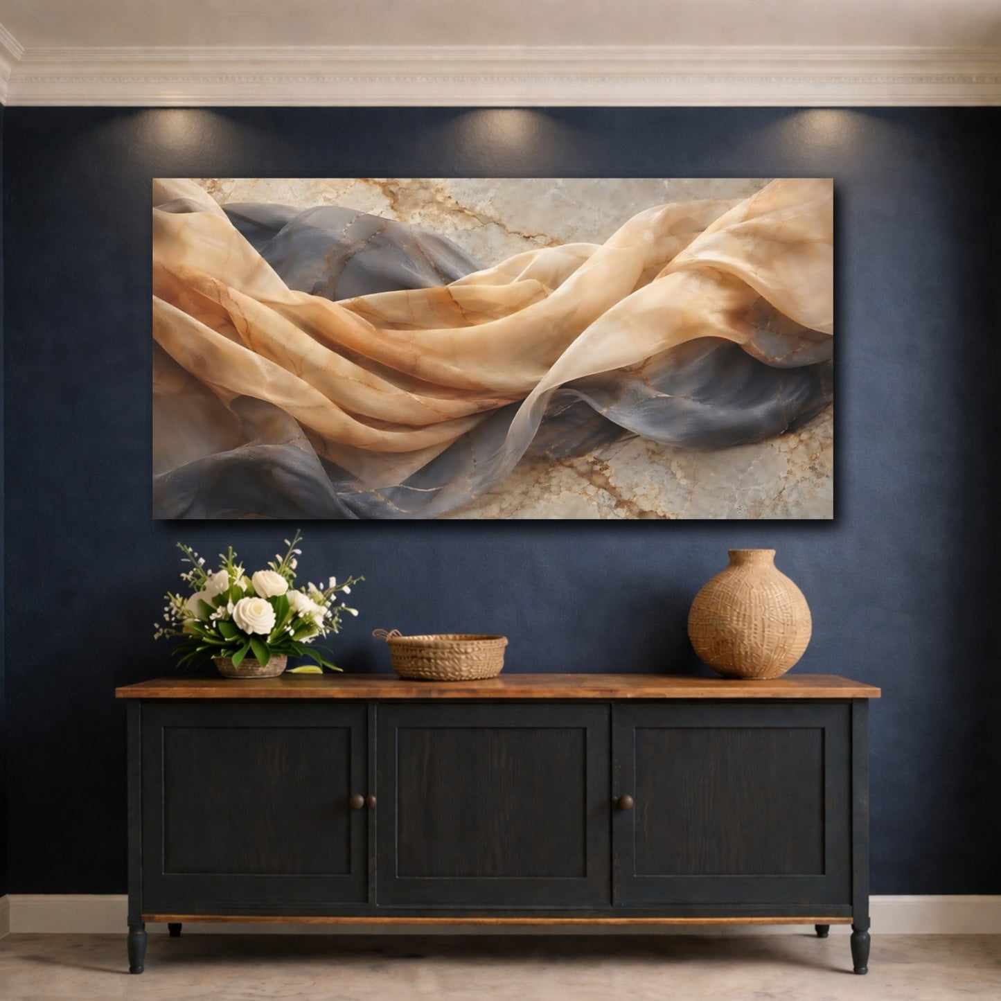 Mockup 4. Abstract Draped Fabric Brown Gray Gold shown as stretched canvas wall art