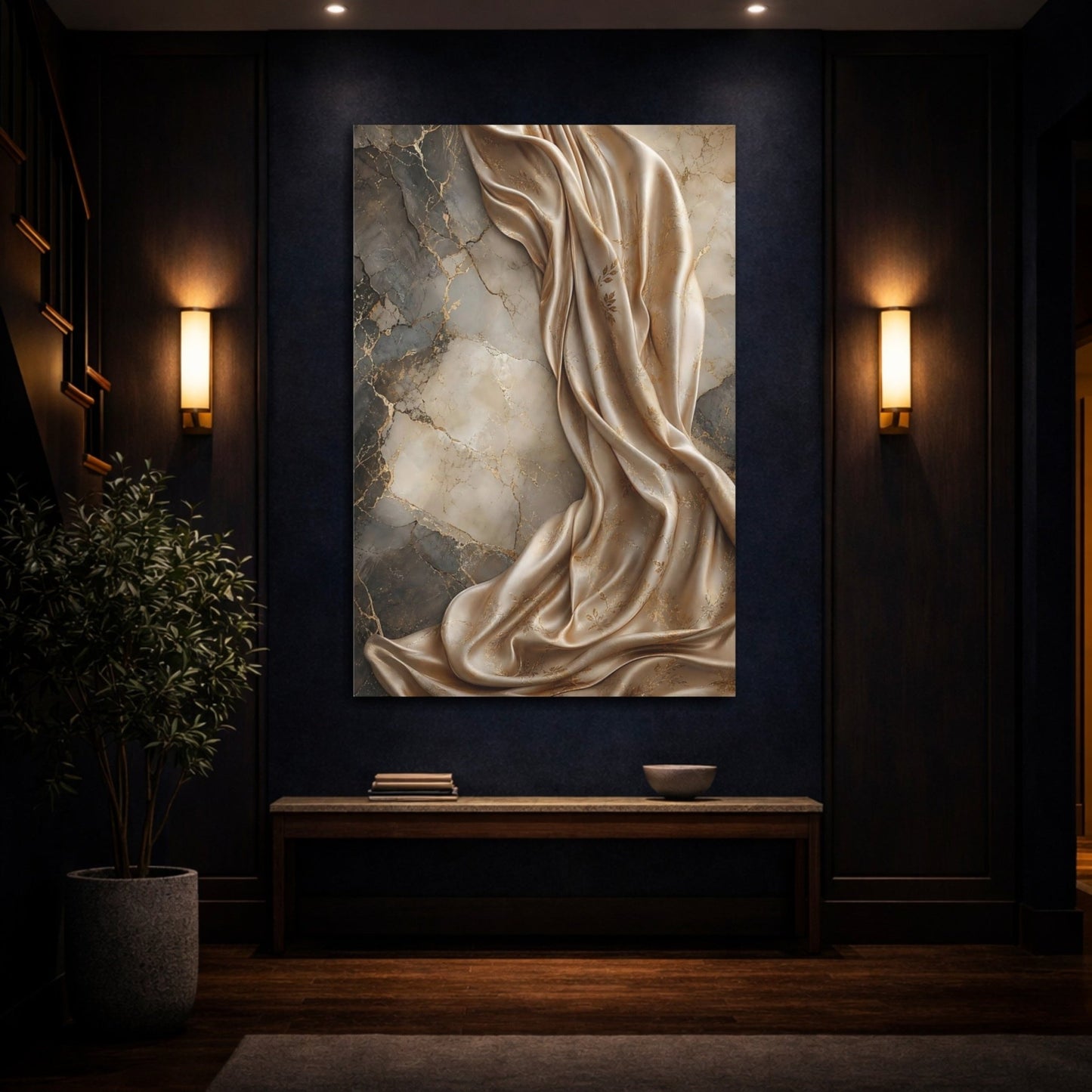 Abstract Draped Fabric Gold And Gray Canvas Wall Art Print – Living Room Decor, Above Couch - YesArtYes