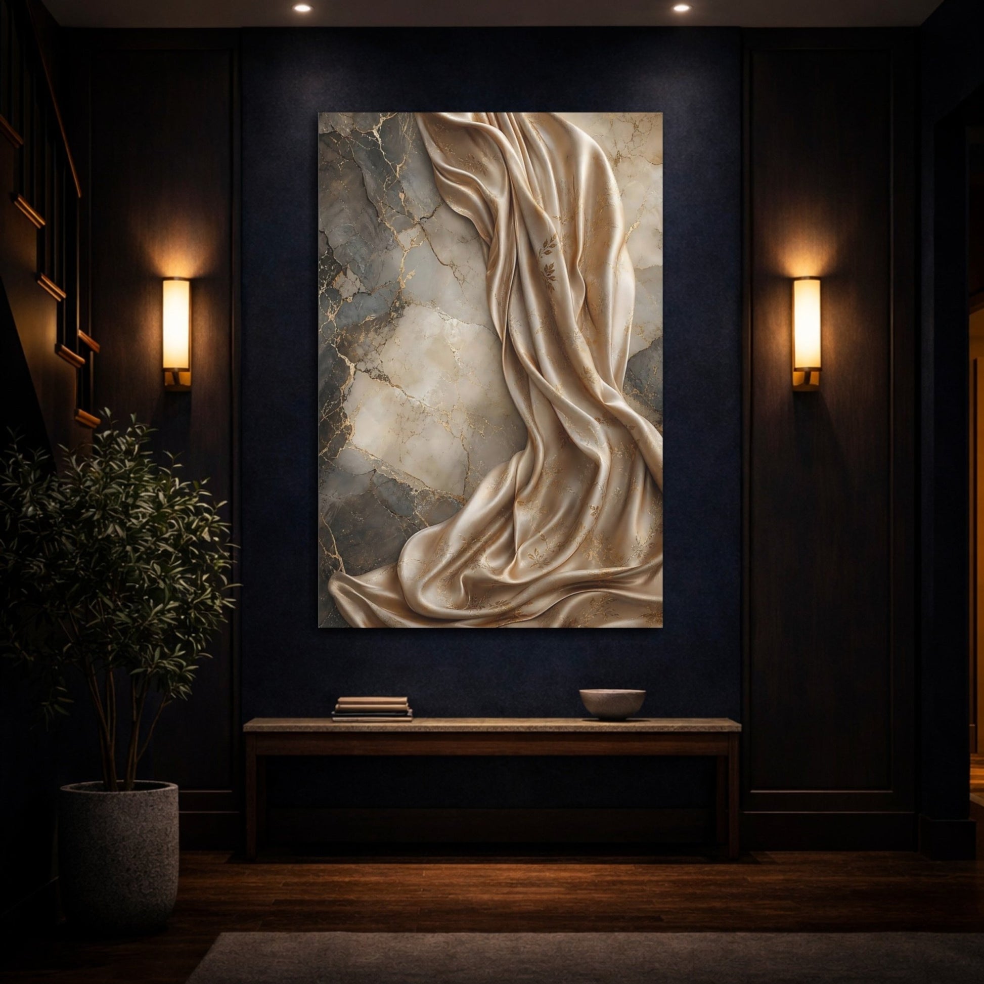 Abstract Draped Fabric Gold And Gray Canvas Wall Art Print – Living Room Decor, Above Couch - YesArtYes