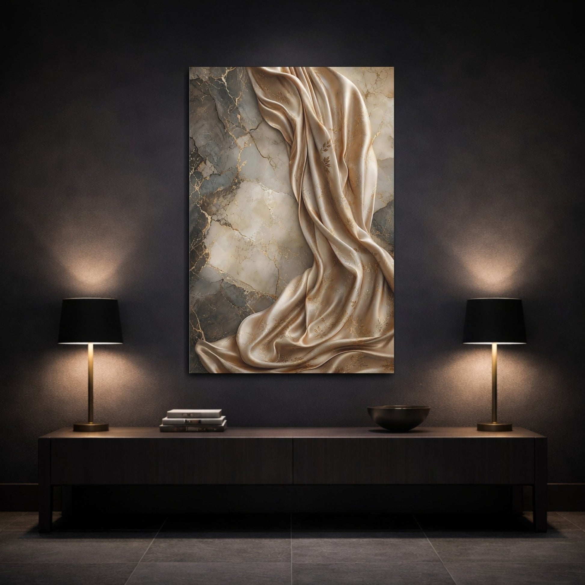 Abstract Draped Fabric Gold And Gray Canvas Wall Art Print – Living Room Decor, Above Couch - YesArtYes