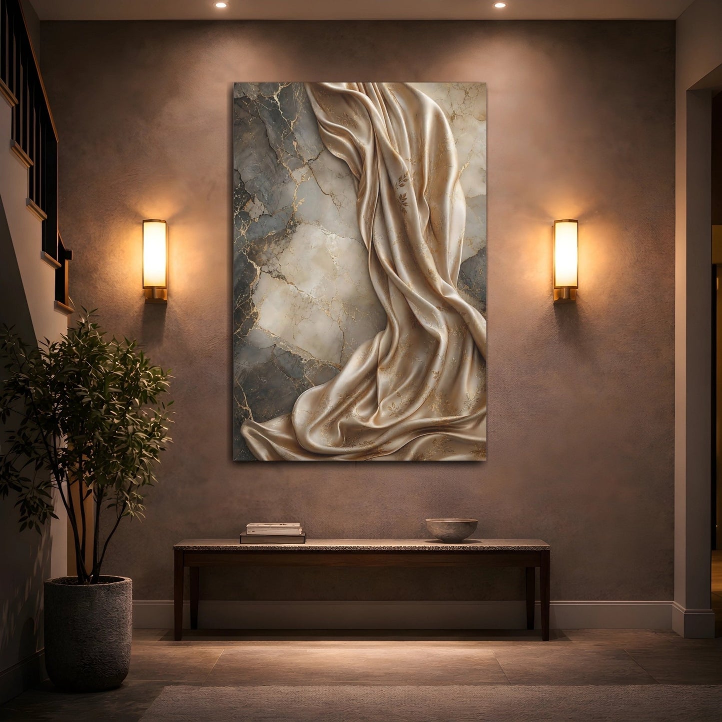 Abstract Draped Fabric Gold And Gray Canvas Wall Art Print – Living Room Decor, Above Couch - YesArtYes