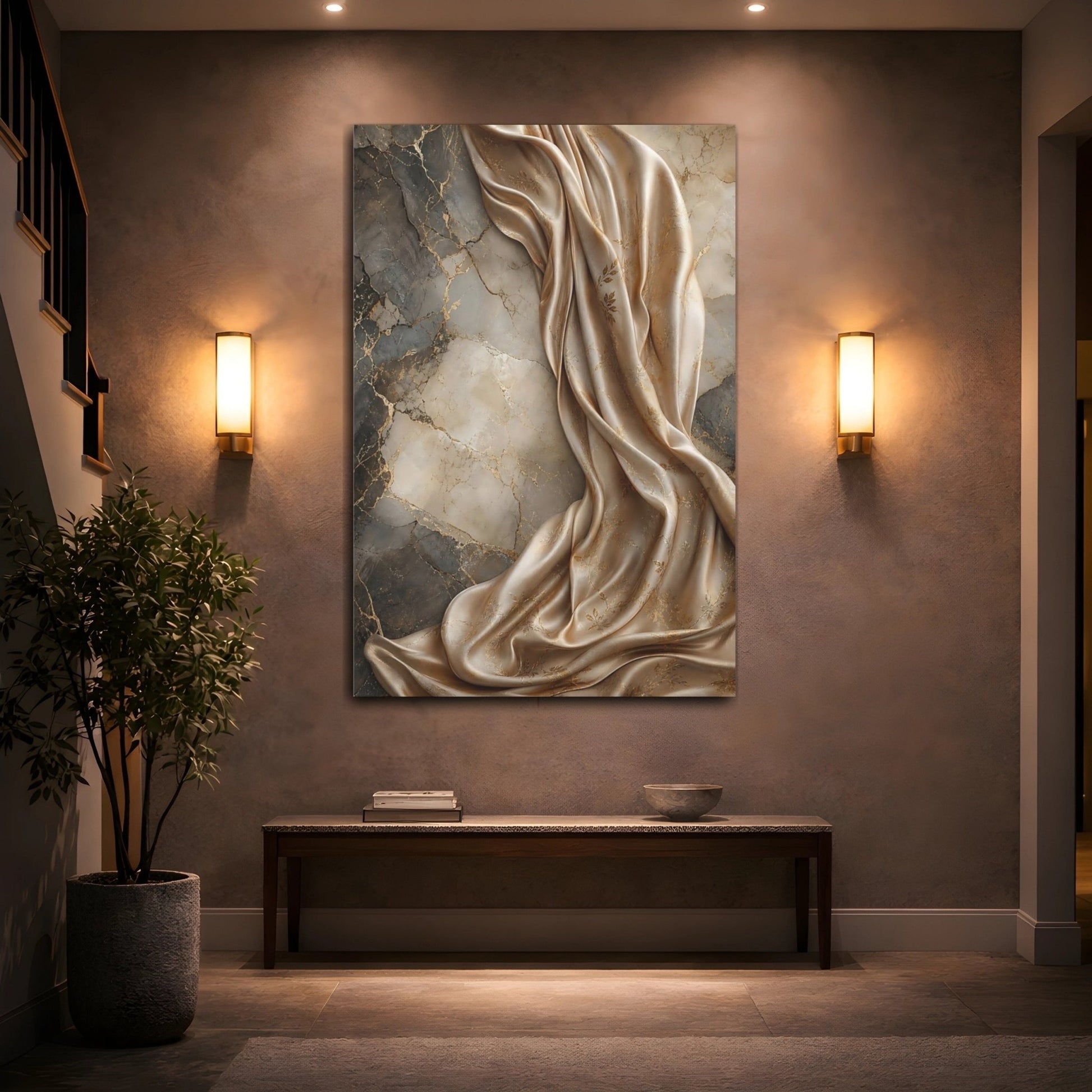 Abstract Draped Fabric Gold And Gray Canvas Wall Art Print – Living Room Decor, Above Couch - YesArtYes