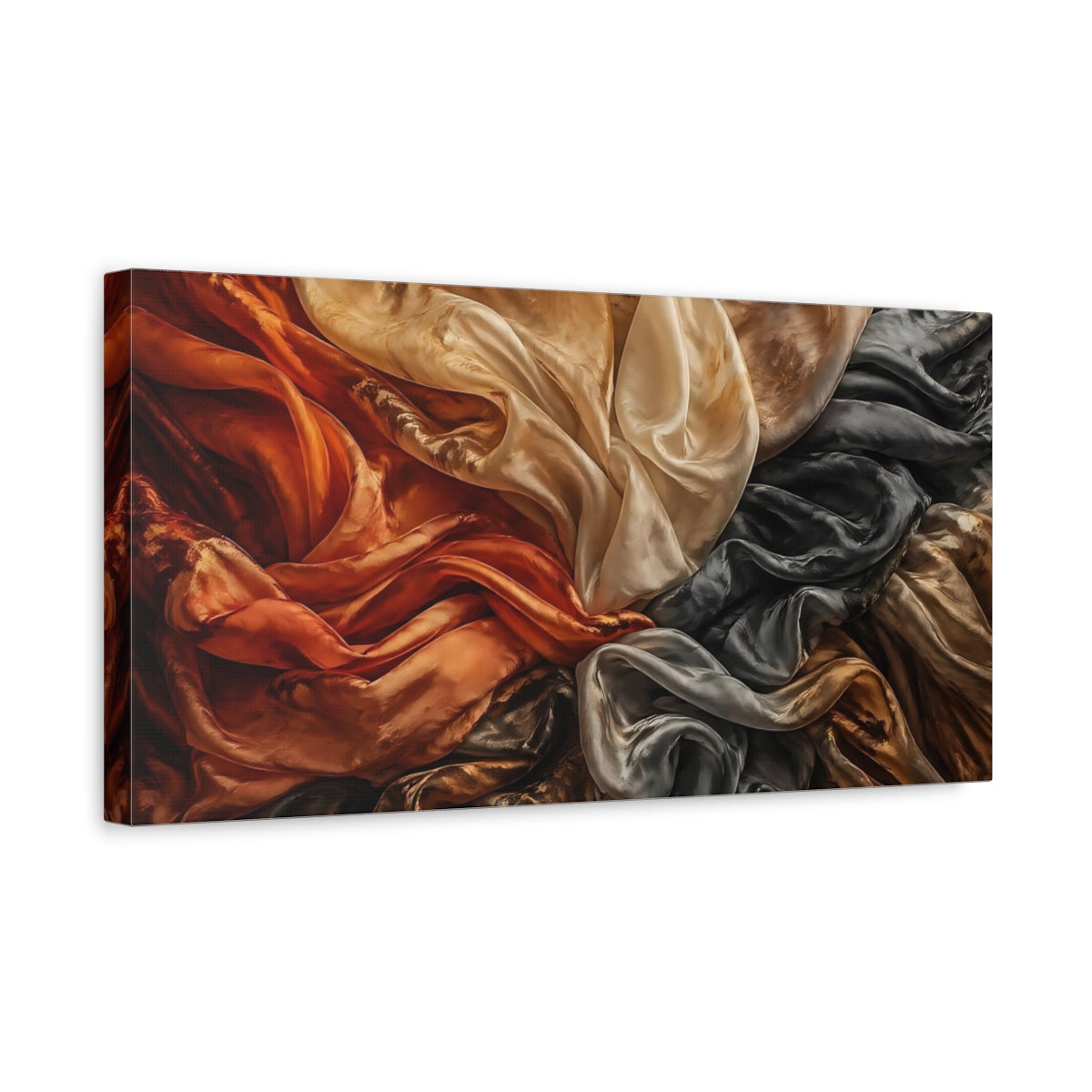 Side Mockup 3. Abstract Draped Fabric Warm And Cool Tones shown as stretched canvas wall art