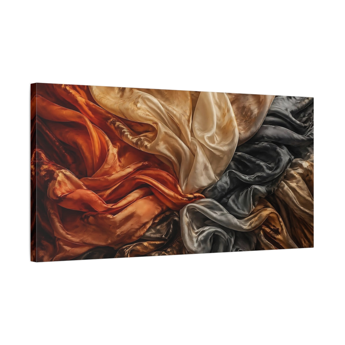 Side Mockup 1. Abstract Draped Fabric Warm And Cool Tones shown as stretched canvas wall art