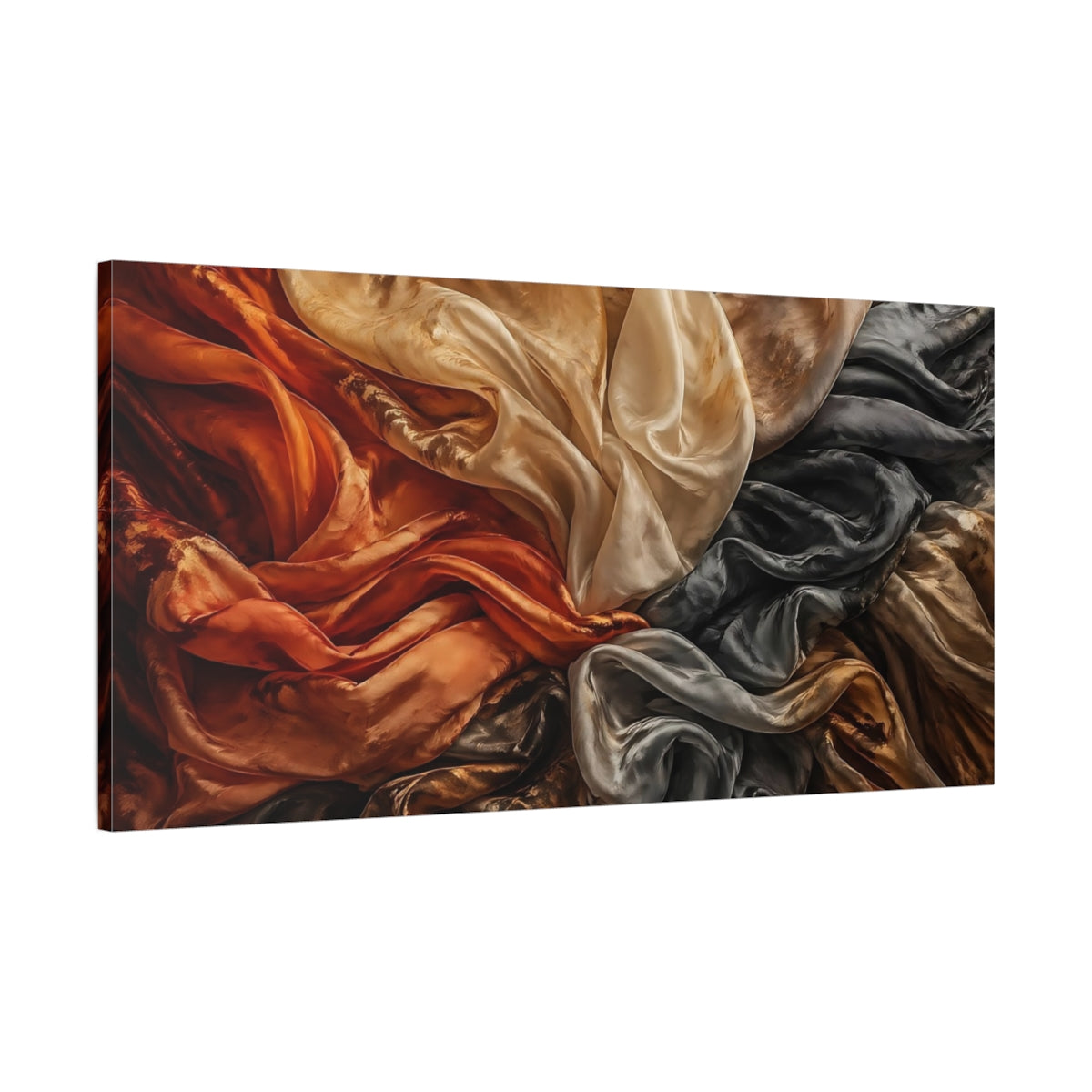 Main Mockup. Abstract Draped Fabric Warm And Cool Tones shown as stretched canvas wall art