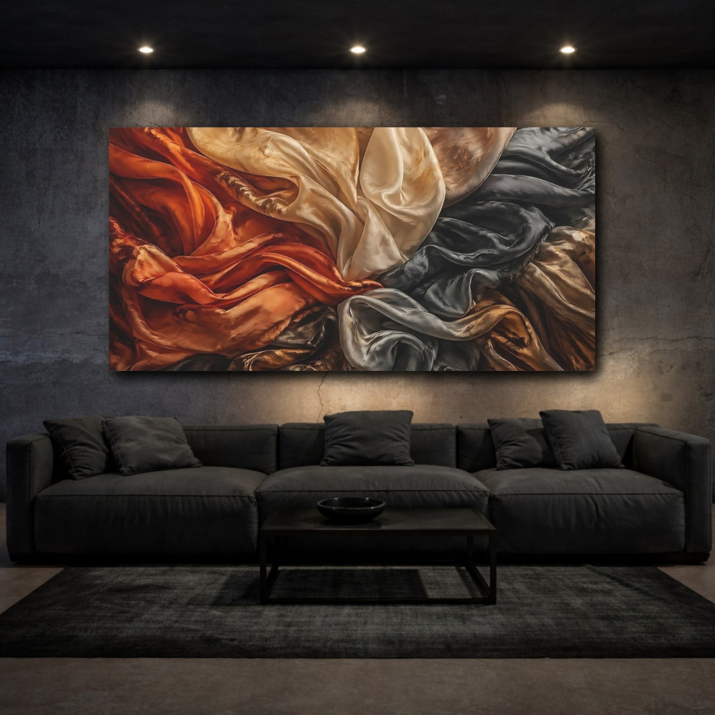 Mockup 2. Abstract Draped Fabric Warm And Cool Tones shown as stretched canvas wall art