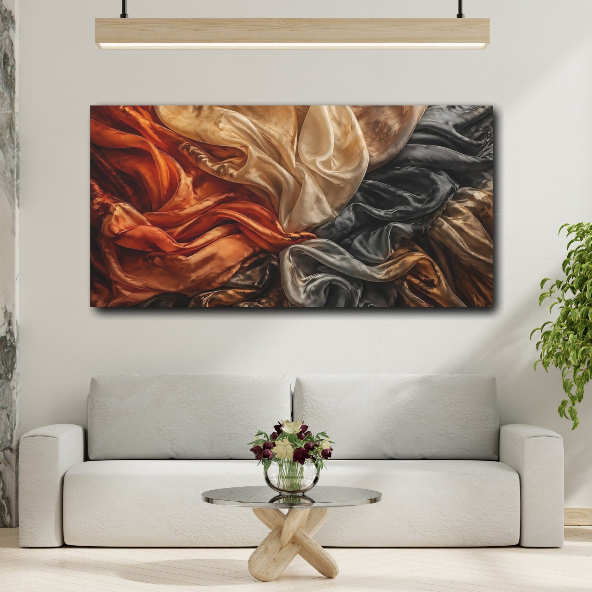 Mockup 3. Abstract Draped Fabric Warm And Cool Tones shown as stretched canvas wall art
