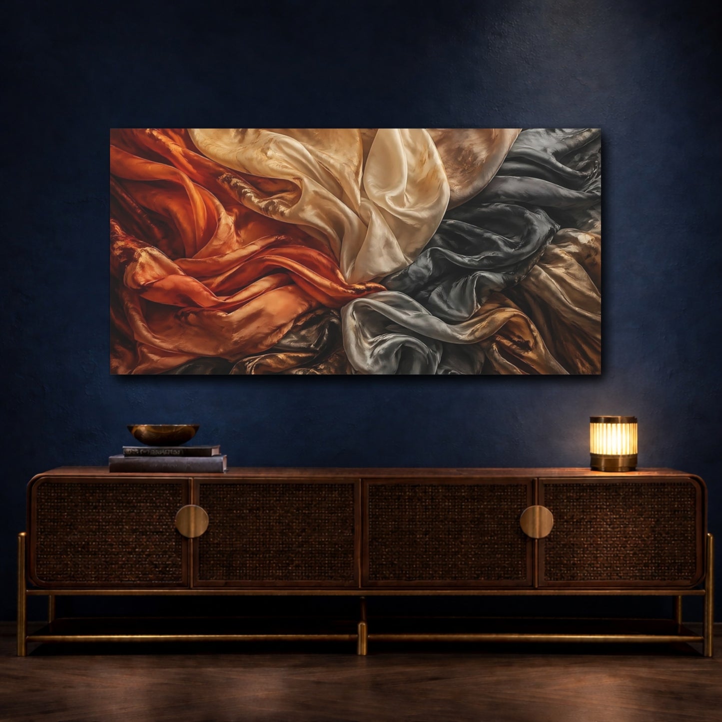 Mockup 4. Abstract Draped Fabric Warm And Cool Tones shown as stretched canvas wall art