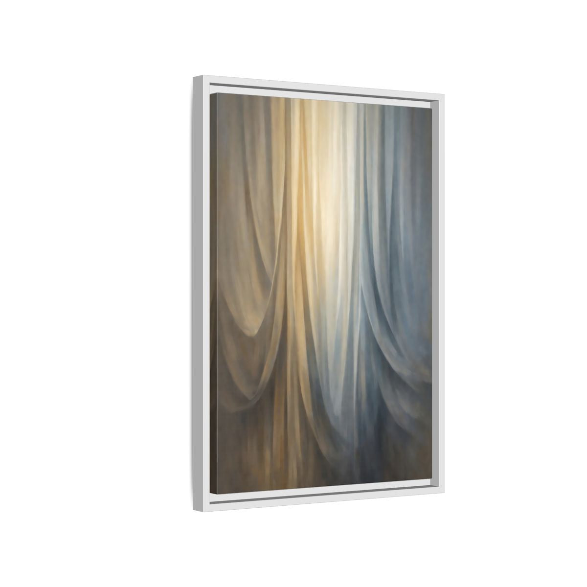 Side Mockup 1. Abstract Drapery Gold And Blue shown as stretched canvas wall art
