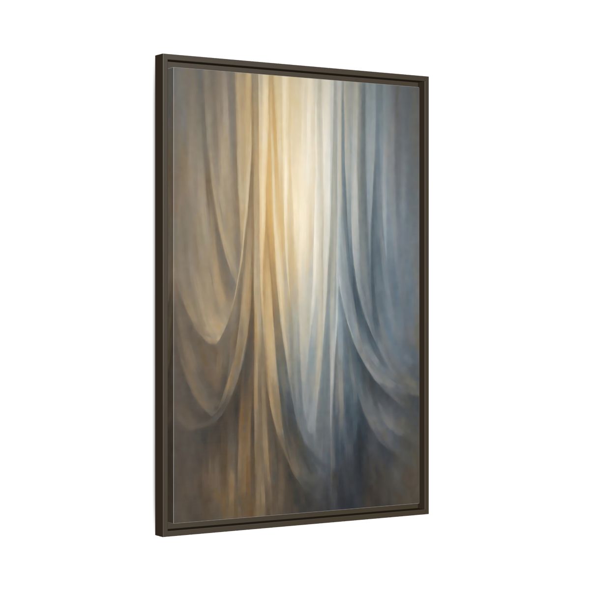 Side Mockup 10. Abstract Drapery Gold And Blue shown as stretched canvas wall art