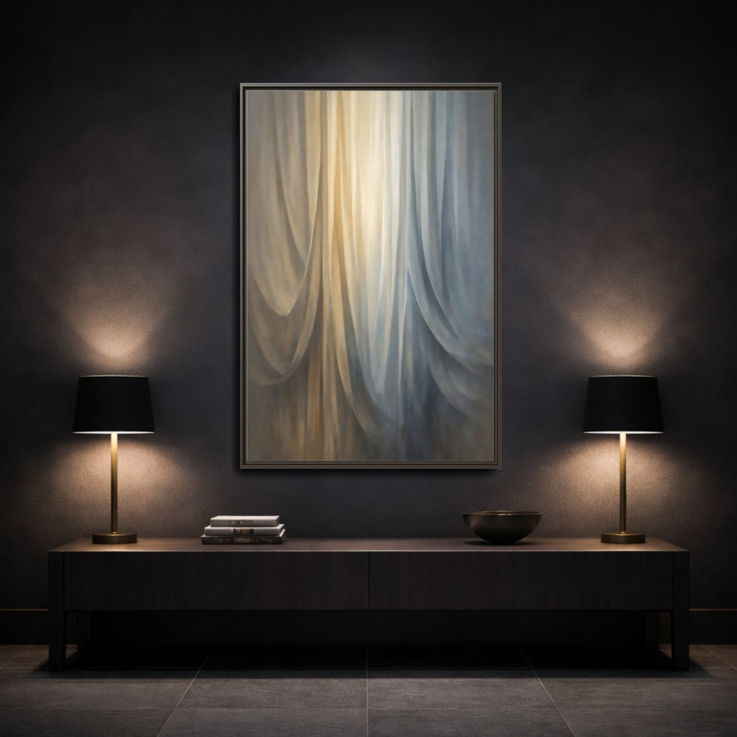 Mockup 2. Abstract Drapery Gold And Blue shown as stretched canvas wall art