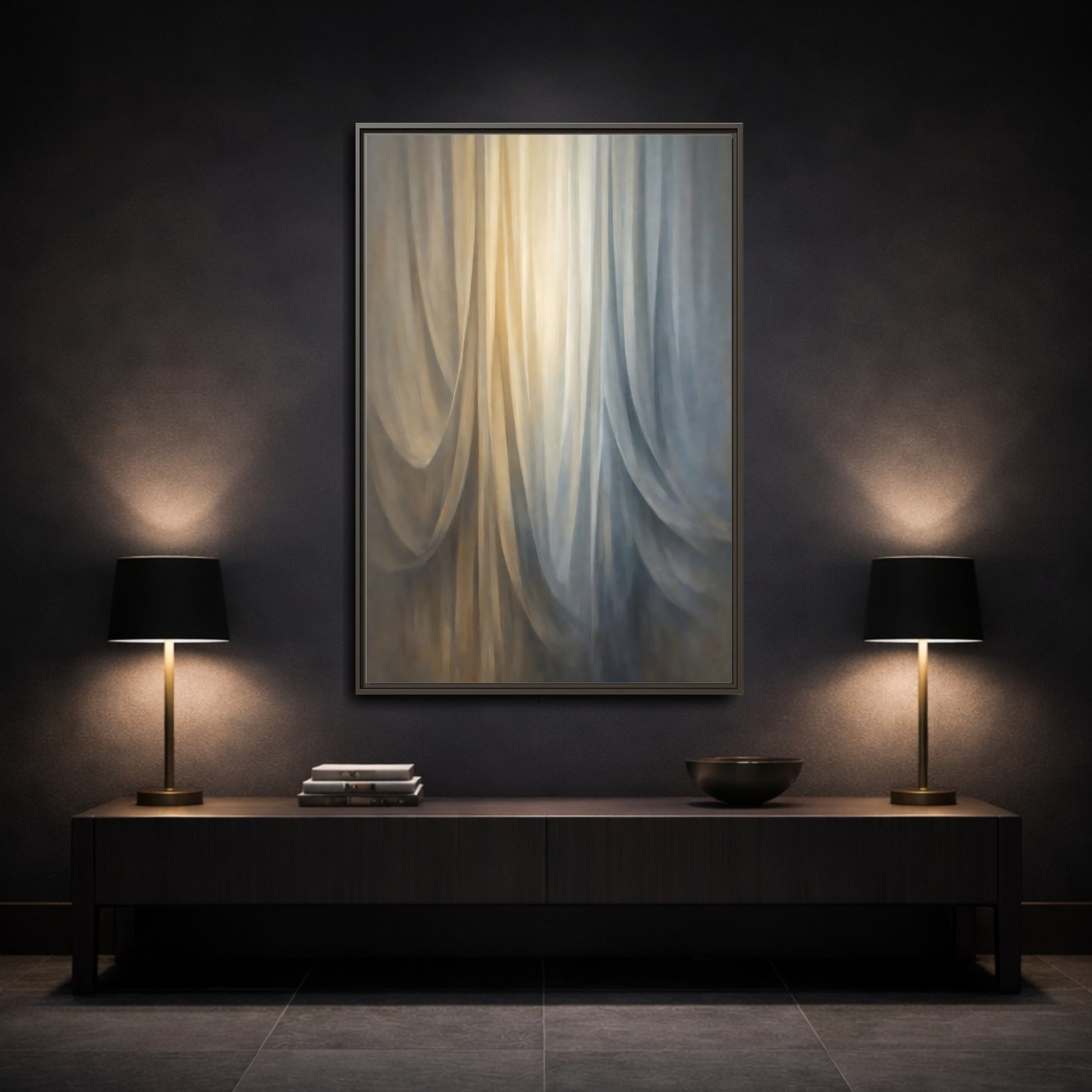 Mockup 2. Abstract Drapery Gold And Blue shown as stretched canvas wall art