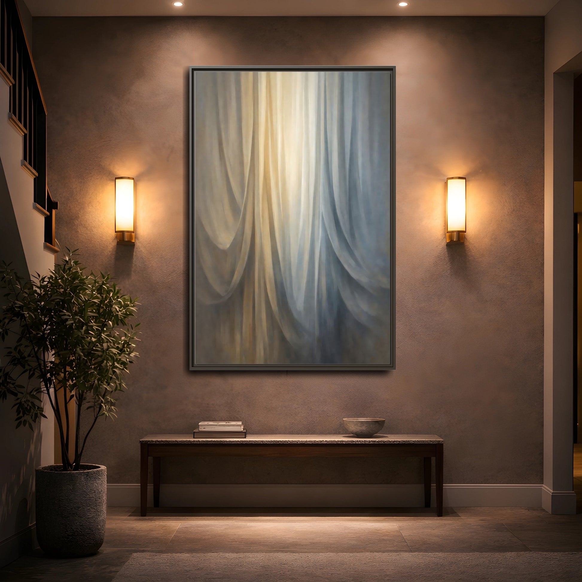 Mockup 4. Abstract Drapery Gold And Blue shown as stretched canvas wall art