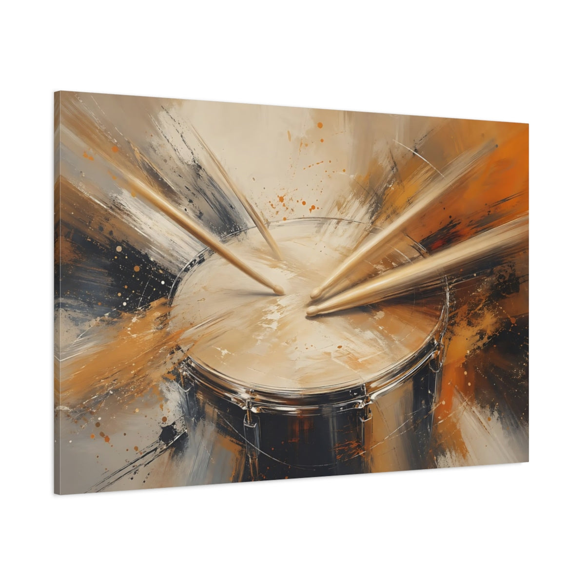 Side Mockup 1. Abstract Drum Brown And Orange Drum shown as stretched canvas wall art