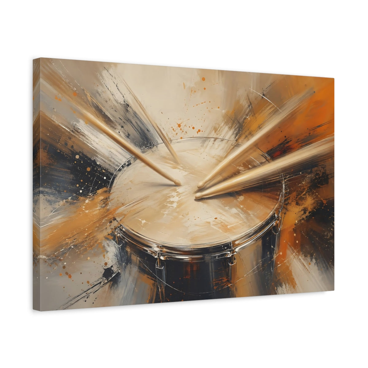 Side Mockup 3. Abstract Drum Brown And Orange Drum shown as stretched canvas wall art