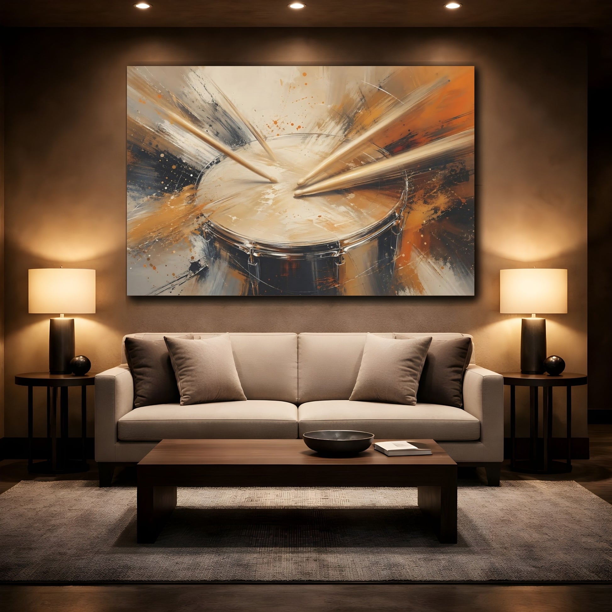 Mockup 2. Abstract Drum Brown And Orange Drum shown as stretched canvas wall art